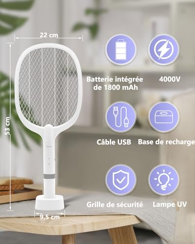 Thumbnail 6 de AOKKR Raquette Électrique Insectes 2 en 1 – UV 4000V, 1800mAh, Base de recharge