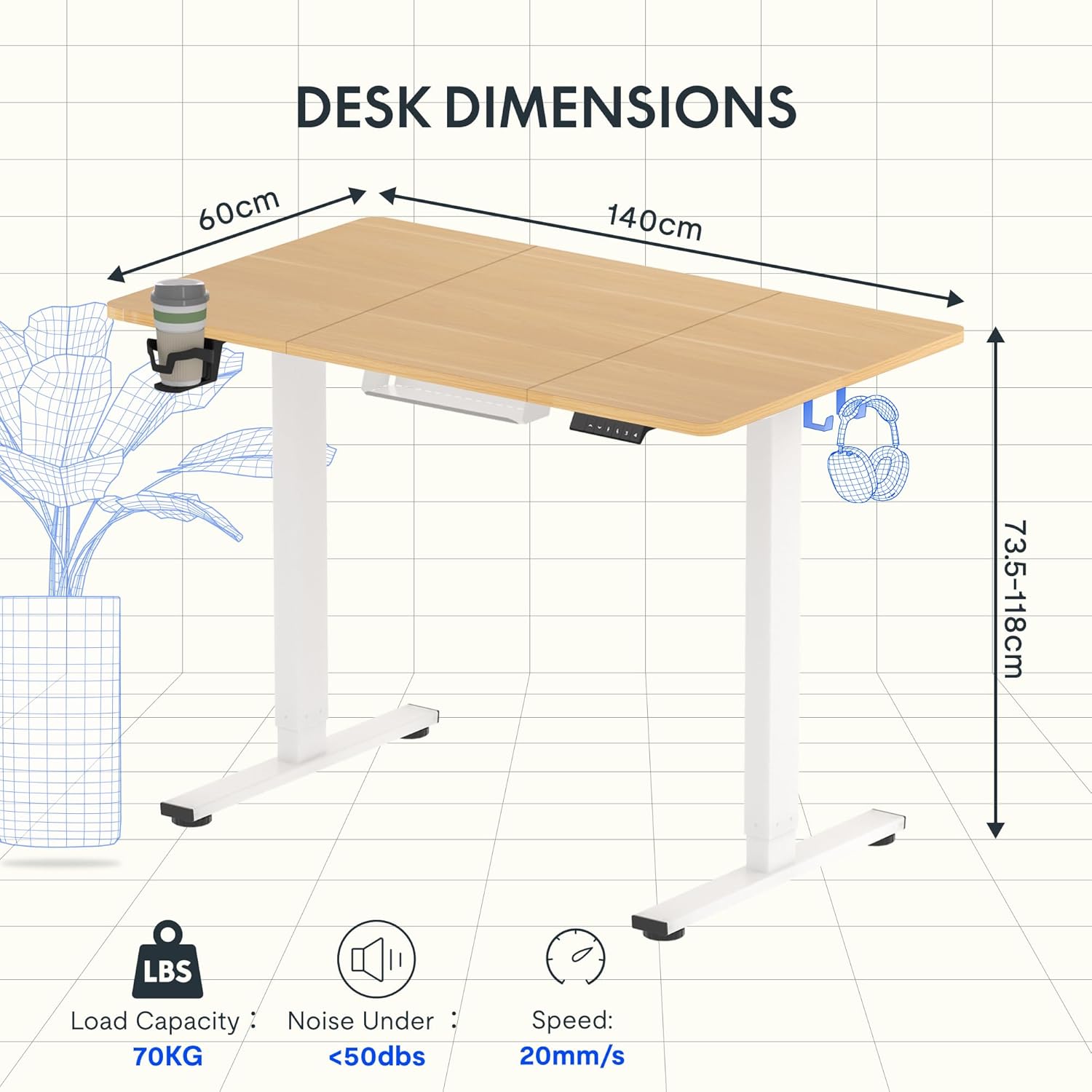 Detalle de FLEXISPOT Scrivania Regolabile in Altezza 140×60 cm: ergonomia, memoria e stile per ufficio o casa