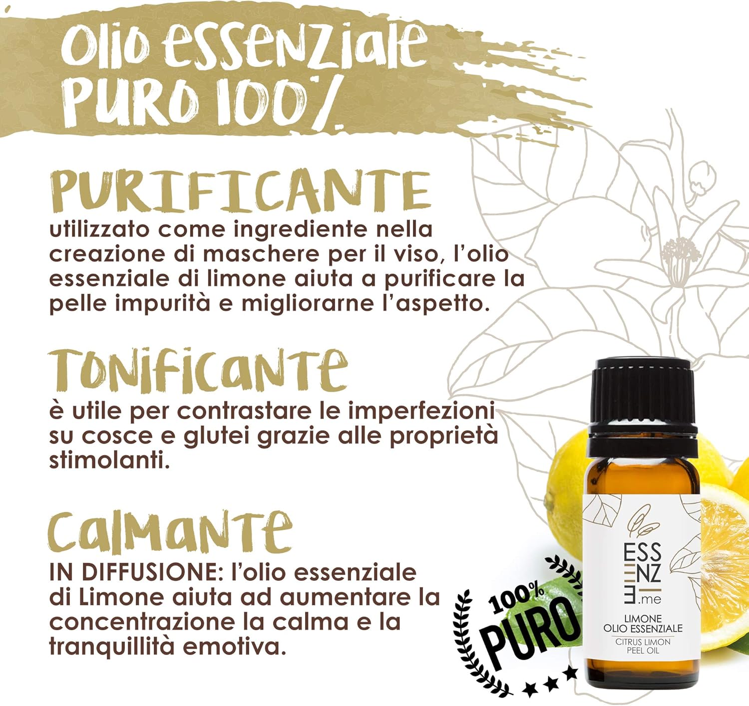 Detalle 2 de ESSENZE OLIO ESSENZIALE DI LIMONE 100% Naturale, 10ml – Diffusore e Cura della pelle