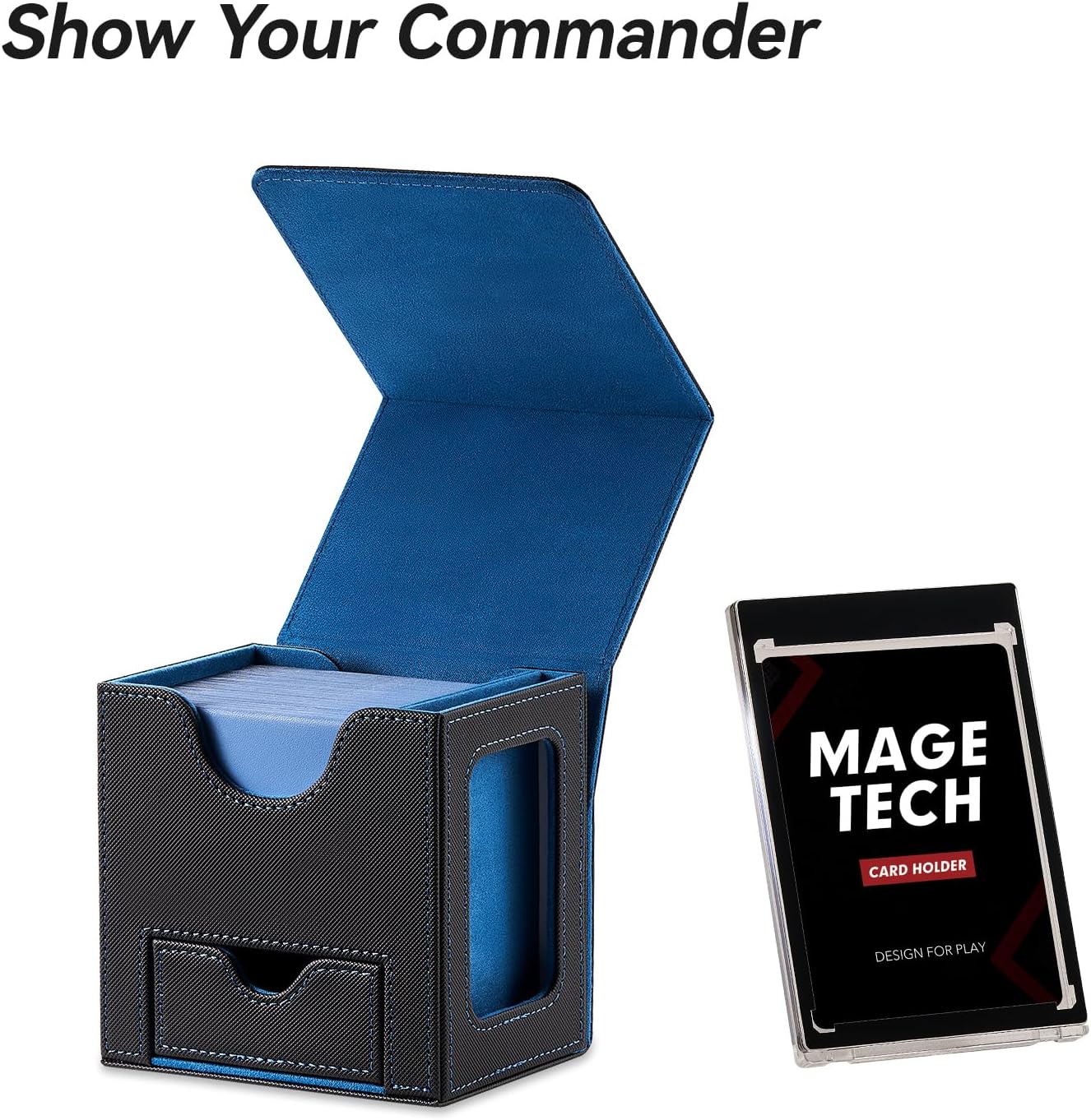 Thumbnail 1 de Mage Tech Commander Deckbox für MTG – Patentiertes Design, Commander Display, 100 Karten, 35pt Kartenhalter, Würfelschale (Schwarz/Blau)