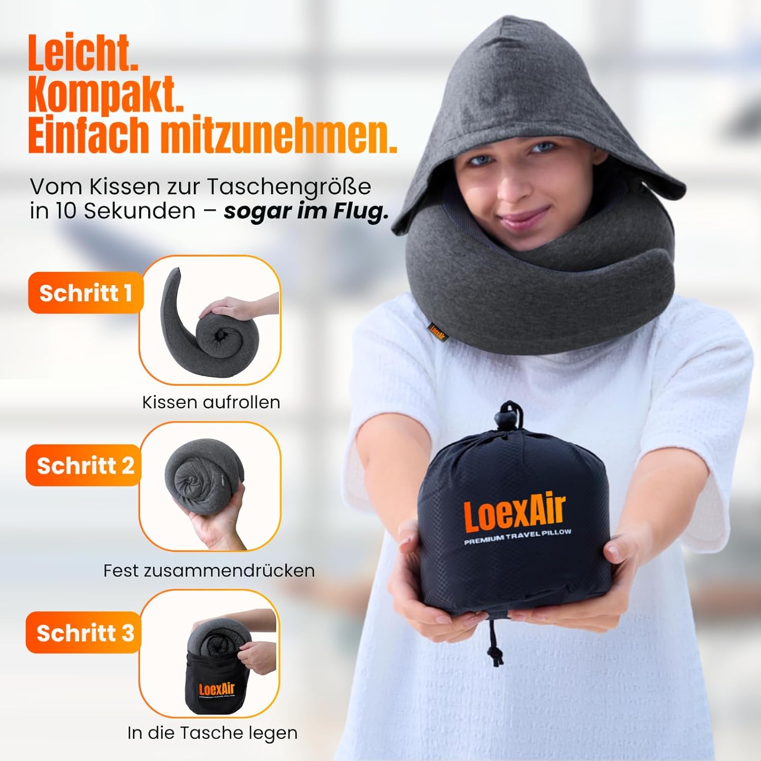 Detalle de LOEXAIR Hooded Pro Nackenkissen – Memory-Schaum mit Kapuze, 100% Baumwolle, Privatsphäre und Lichtschutz für Flugzeug, Reise & Auto