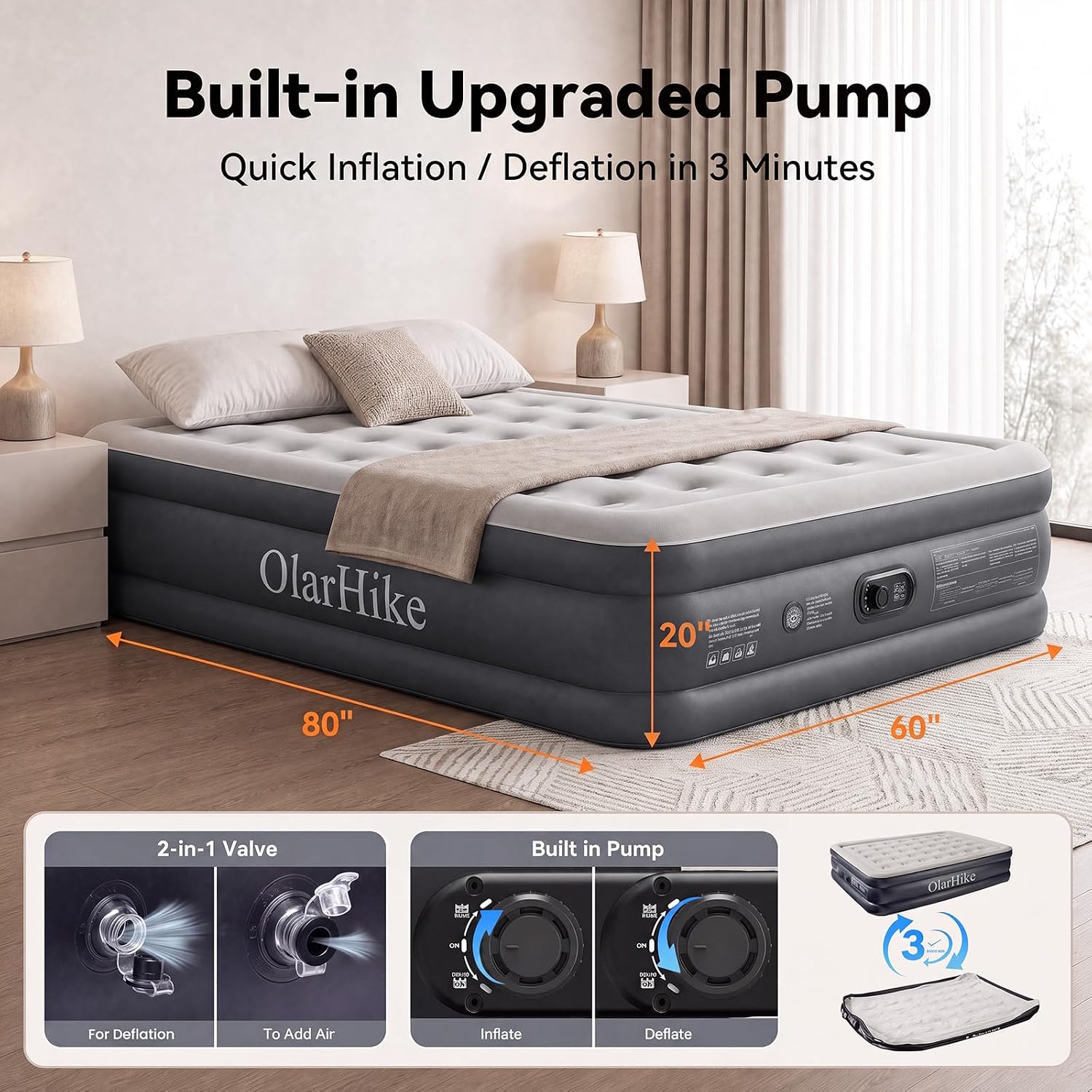 Detalle 1 de OlarHike AMH3 Queen Air Mattress with Built-In Pump, 20-Inch Height