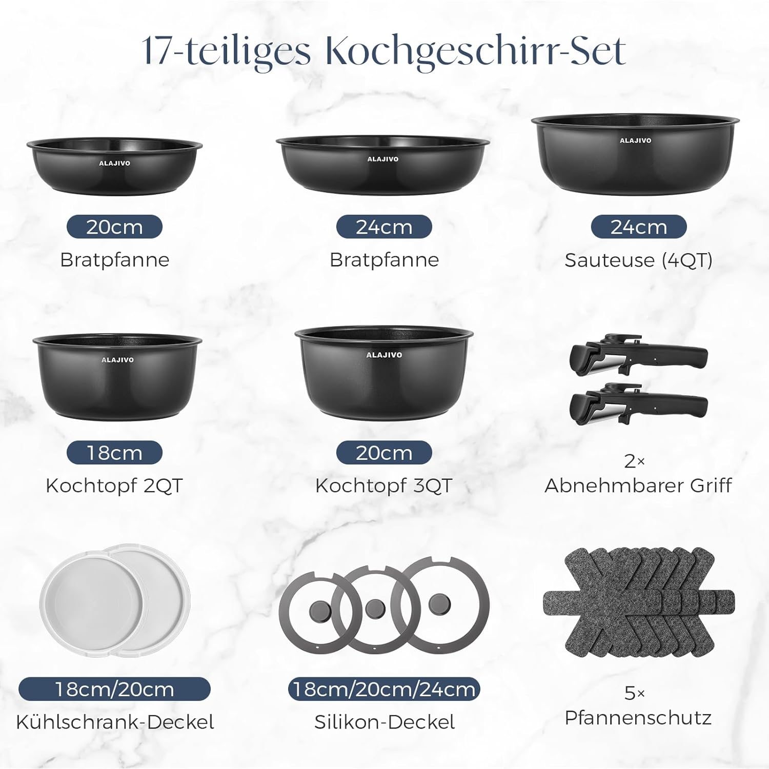 Detalle de Topfset mit abnehmbaren Griffen – 17-teiliges Kochgeschirrset mit Keramik-Antihaftbeschichtung und Induktionskompatibilität