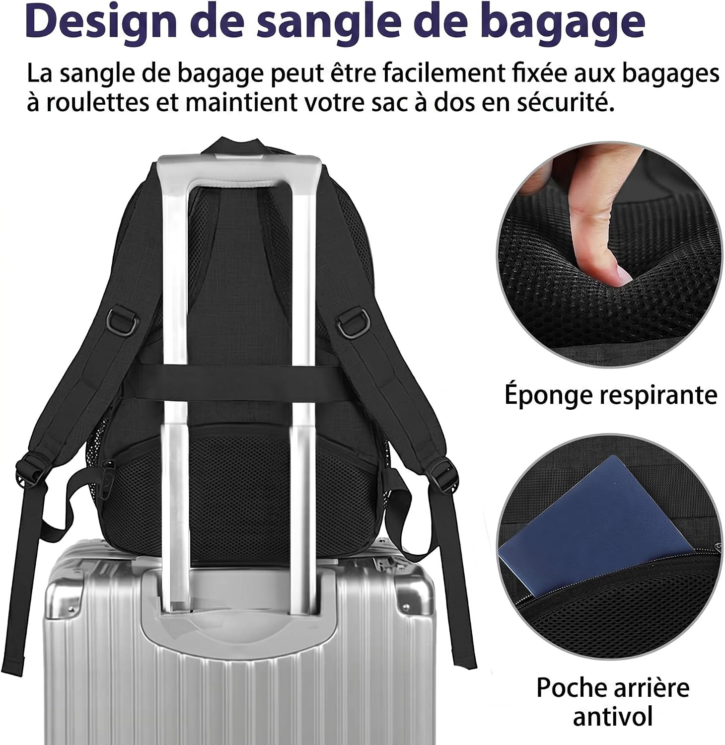 Detalle 1 de MATEIN MATIN Sac à dos pour ordinateur portable 17 pouces, 30 L, imperméable et anti-vol (USB, sangle bagage) – Noir