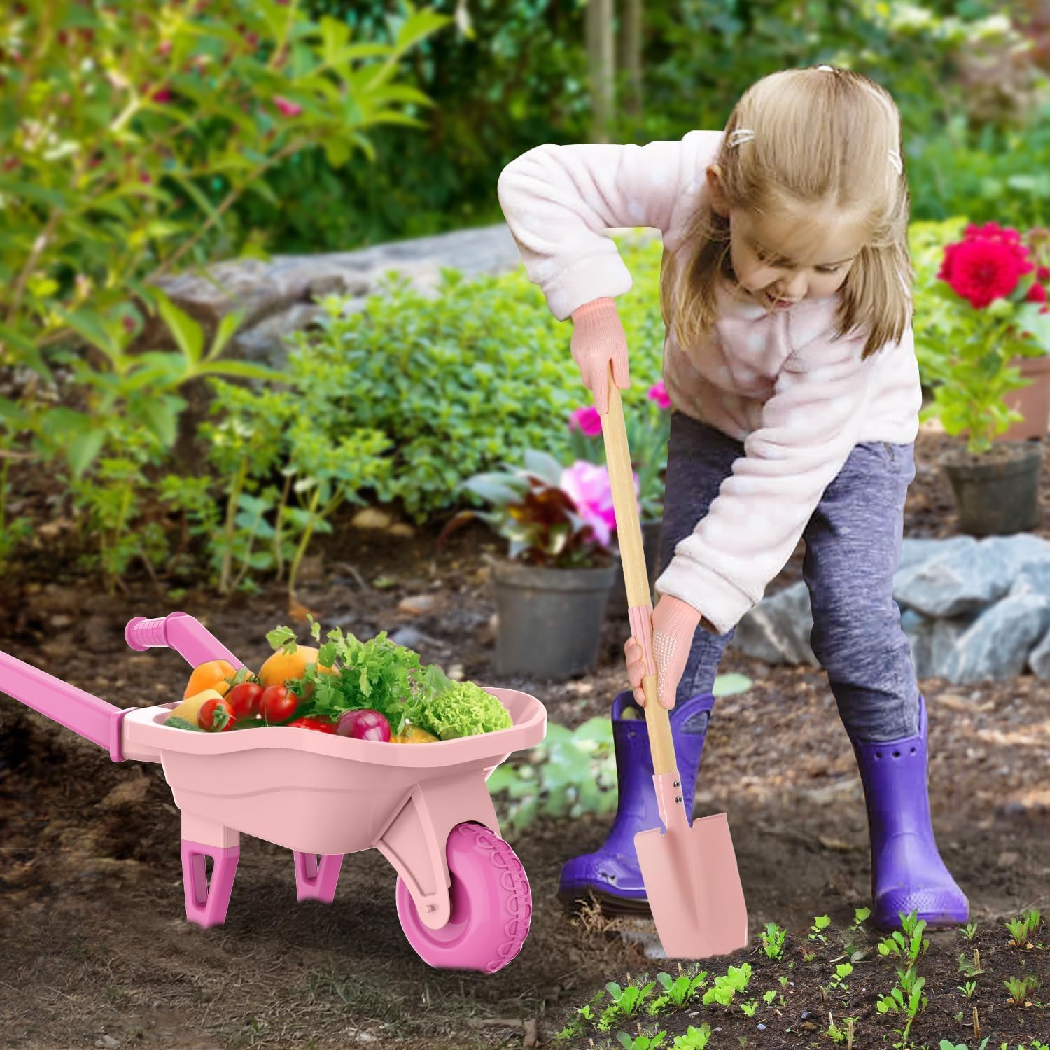 Detalle 2 de Qtioucp Kids Gardening Tools Set with Wheelbarrow 27.6