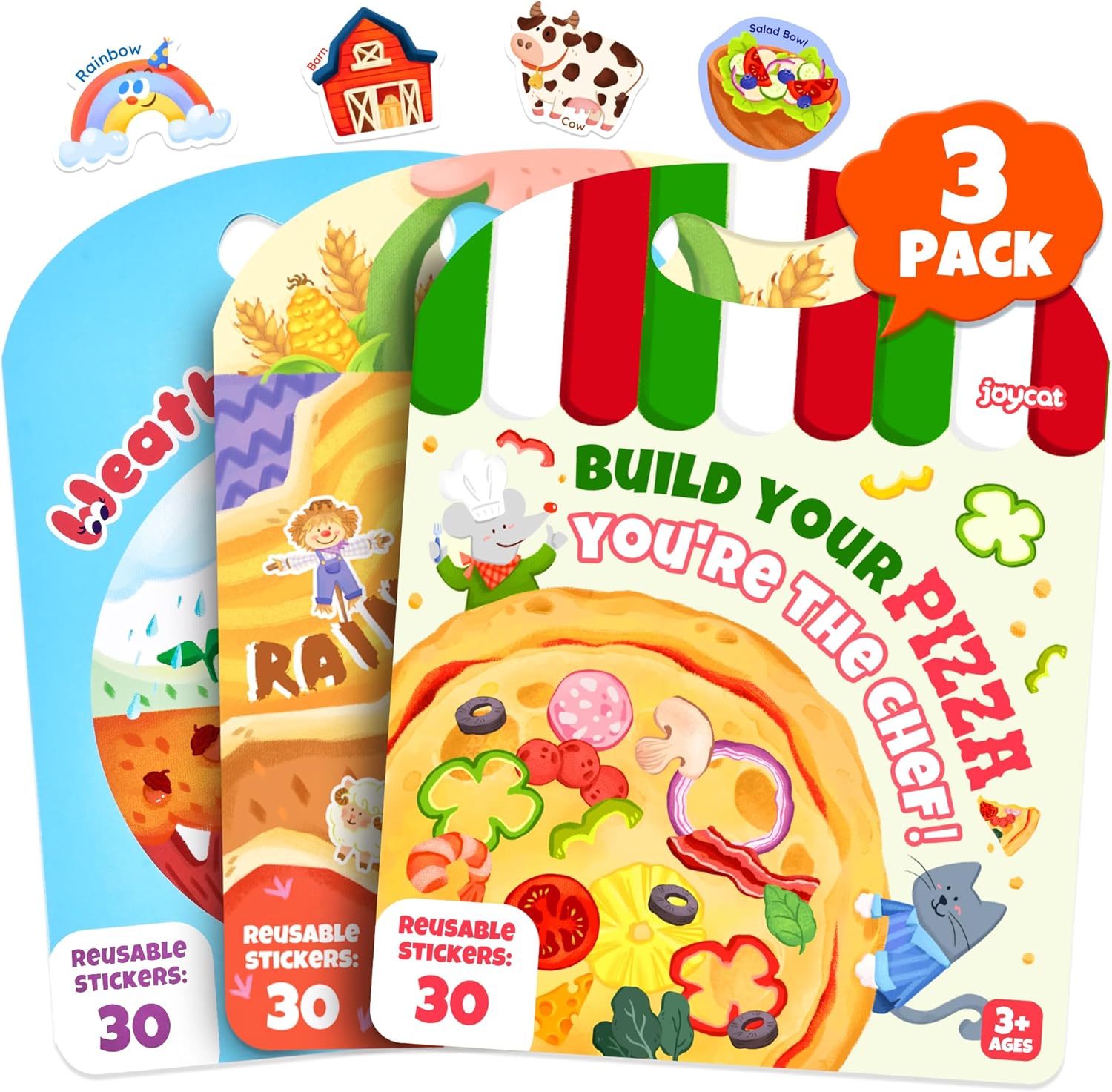 Detalle de JoyCat Reusable Sticker Book Set (3-Pack): Farm, Pizza-Making, Weather