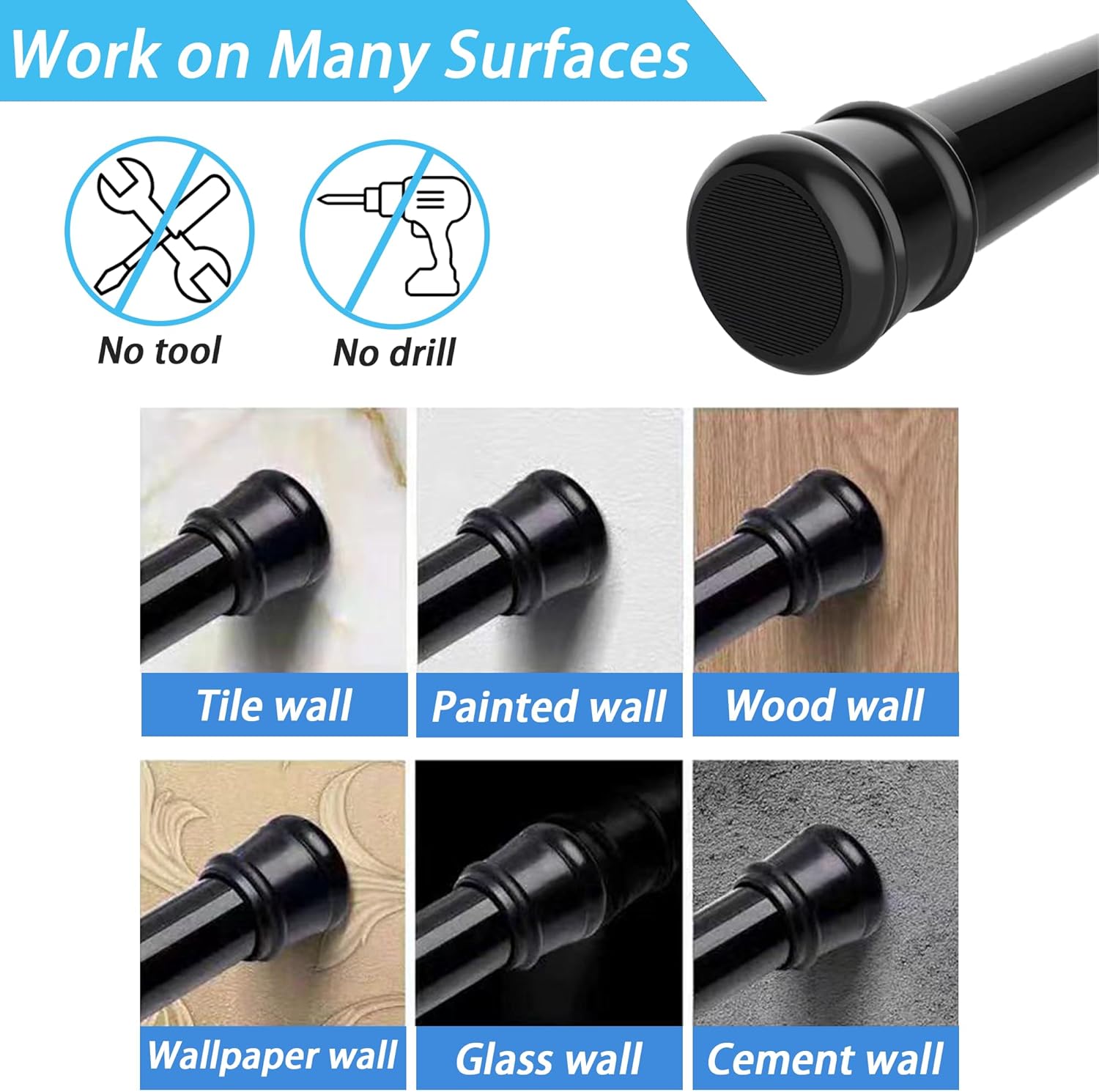 Thumbnail 4 de No-Drill Extendable Shower Curtain Pole (135–200cm) — 25mm diameter, white