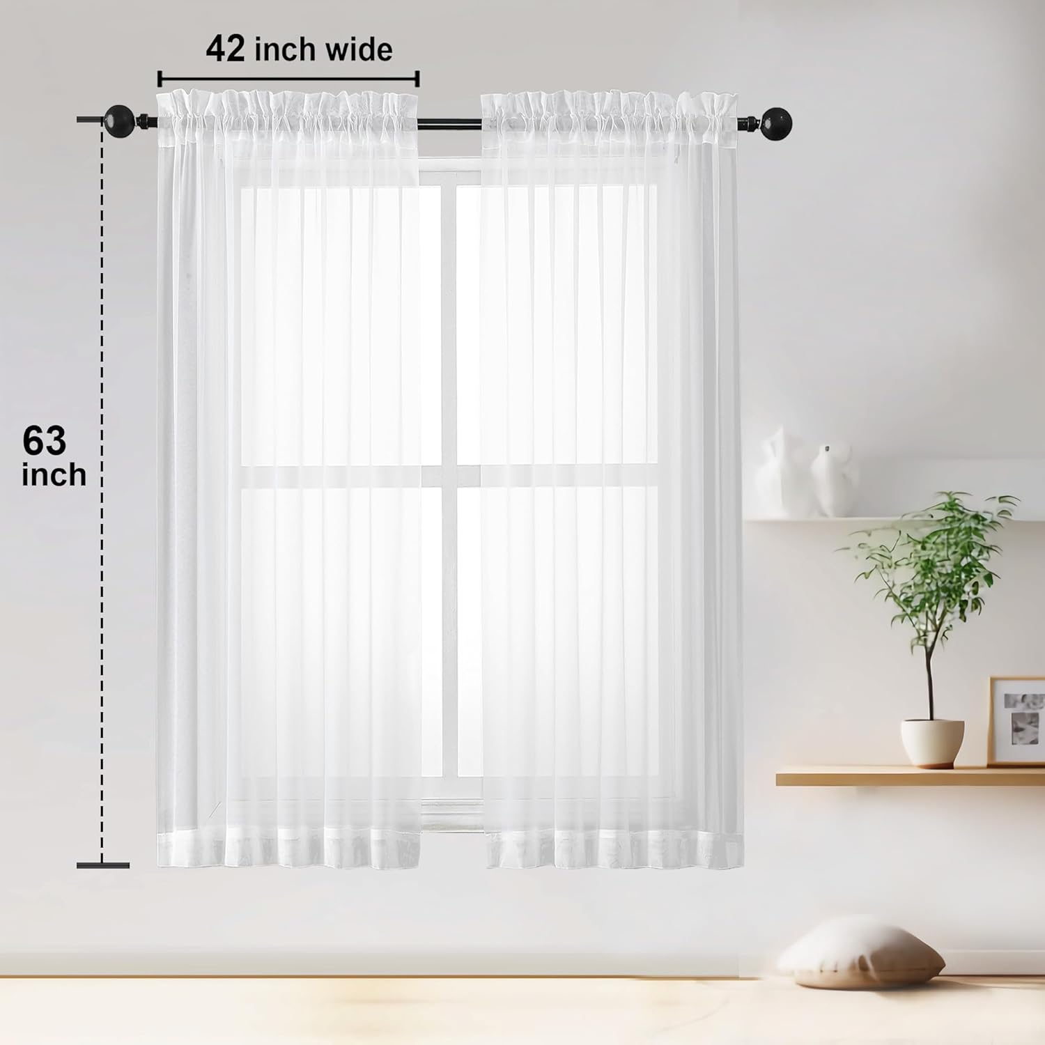 Thumbnail 2 de OWENIE Sheer White Curtains, 63-Inch Length, 2 Panels, 42" W x 63" L each – Voile Rod Pocket Drapes for Living Room/Bedroom