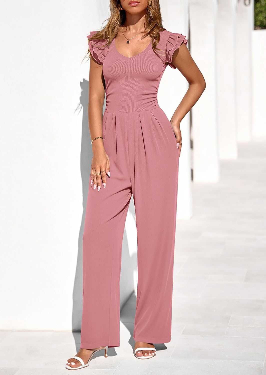 Detalle 2 de PRETTYGARDEN One Piece Jumpsuits for Women — Ribbed Knit, V-Neck, Wide-Leg Romper