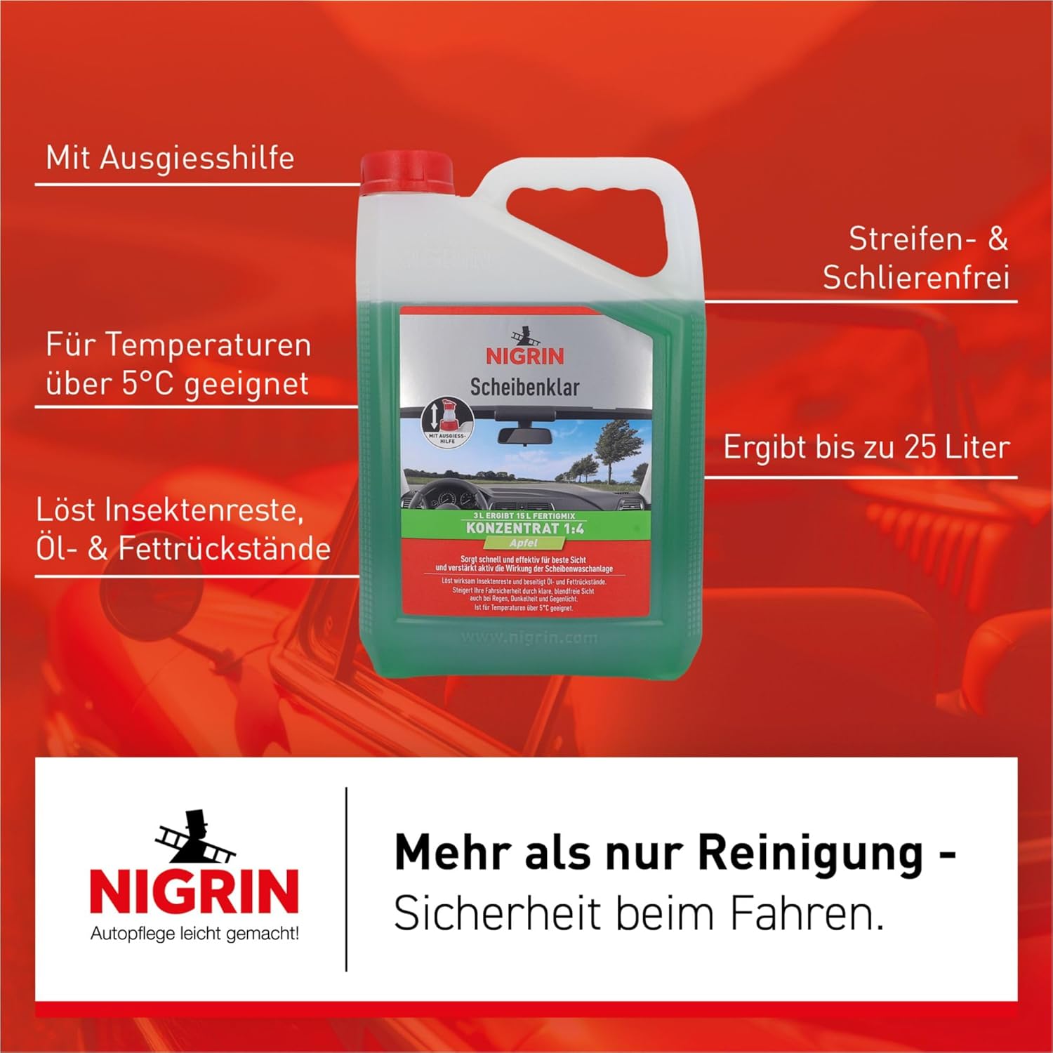 Thumbnail 6 de NIGRIN Scheibenklar Konzentrat 1:4 Apfel | 3 Liter – klare Sicht für Auto-Scheiben und Scheinwerfer