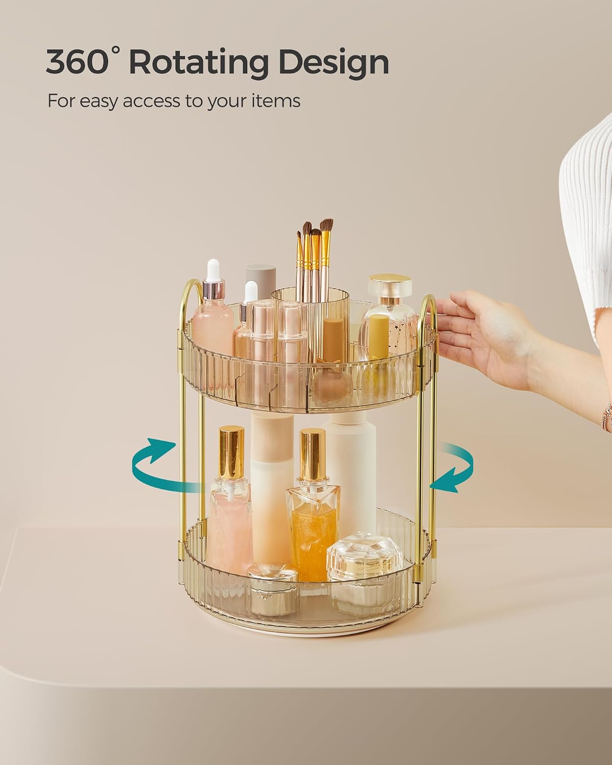 Detalle de SONGMICS Makeup Organiser Rotating, 2-Tier Round Skincare Organiser (JKA012A01) – Champagne Gold