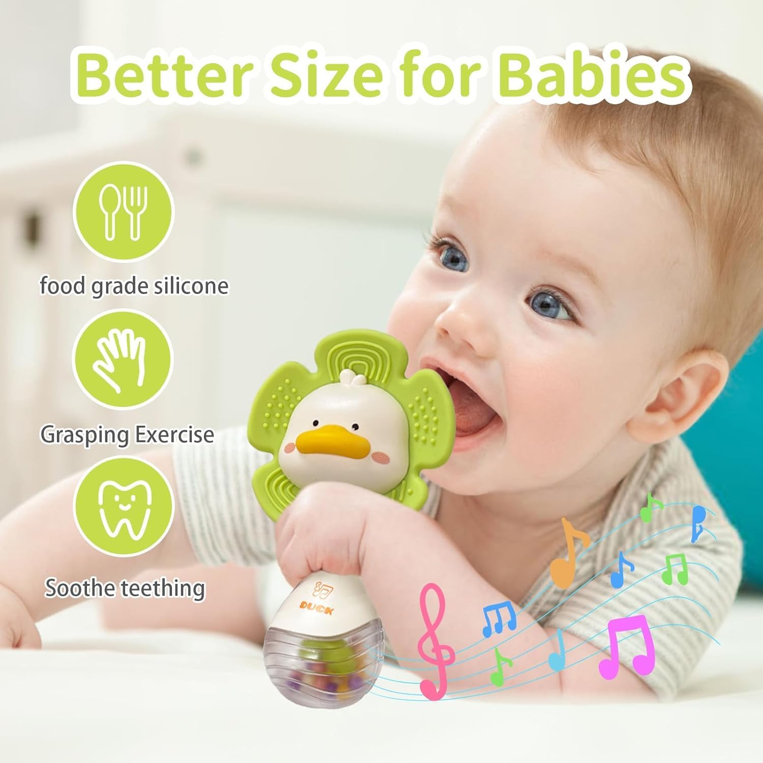 Thumbnail 5 de 2 Pcs Baby Rattles Teething Toys for 0-12 Months (Pink & Green) – Multi-Sensory Teether & Rattle Set