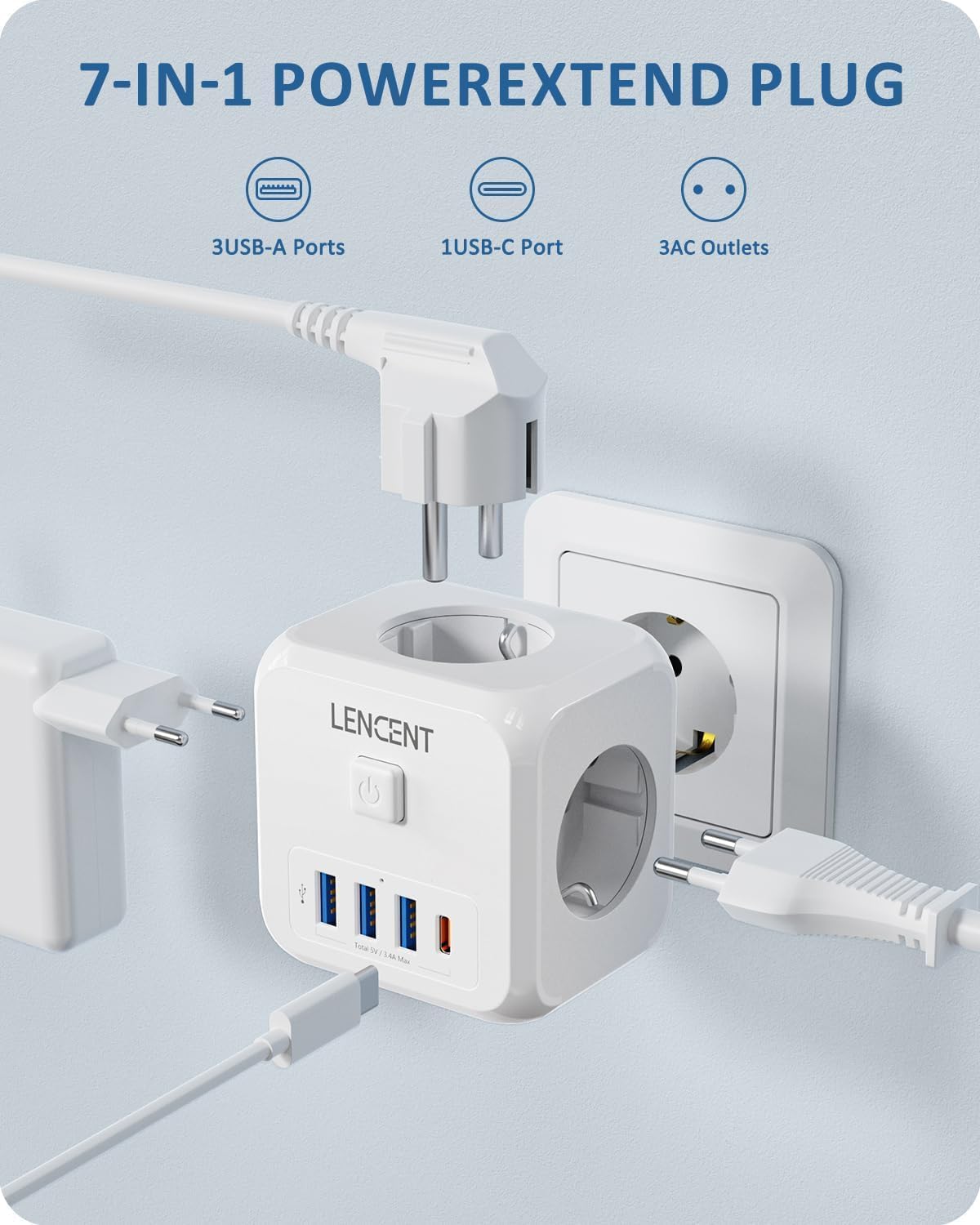 Detalle 2 de LENCENT PA037EU kubusvormige stekkerdoos met 3 stopcontacten en USB-C PD