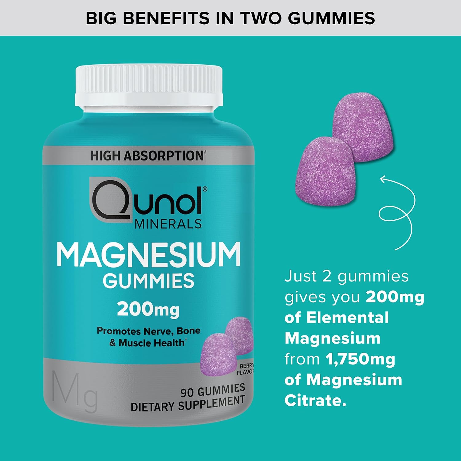 Detalle de Qunol Magnesium Citrate Gummies, 200 mg, Vegetarian, Berry, 120 Count