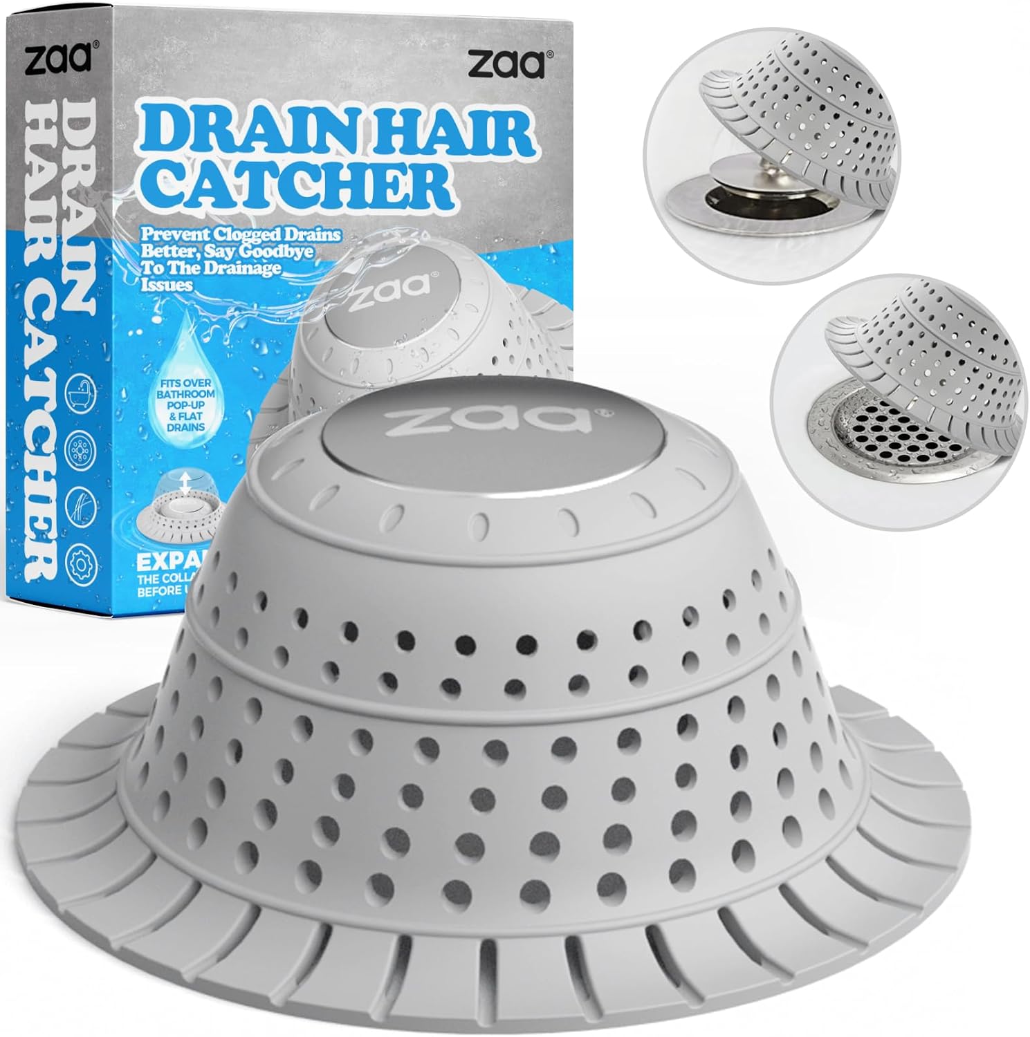 Detalle de zaa CA-DPT-1P-G-0221 Collapsible Silicone Bathtub Drain Hair Catcher, Light Grey
