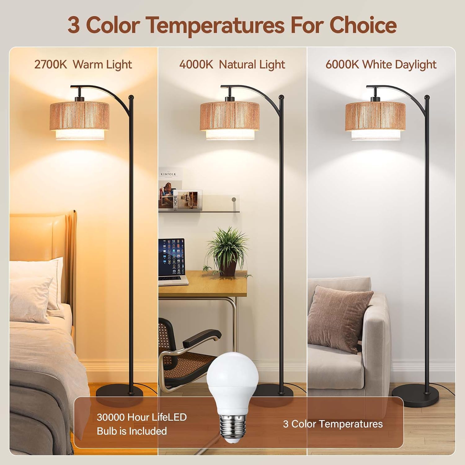 Detalle 2 de SUNMORY SR000149 Arc Floor Lamp with Rattan Shade and 3-Color LED Bulb