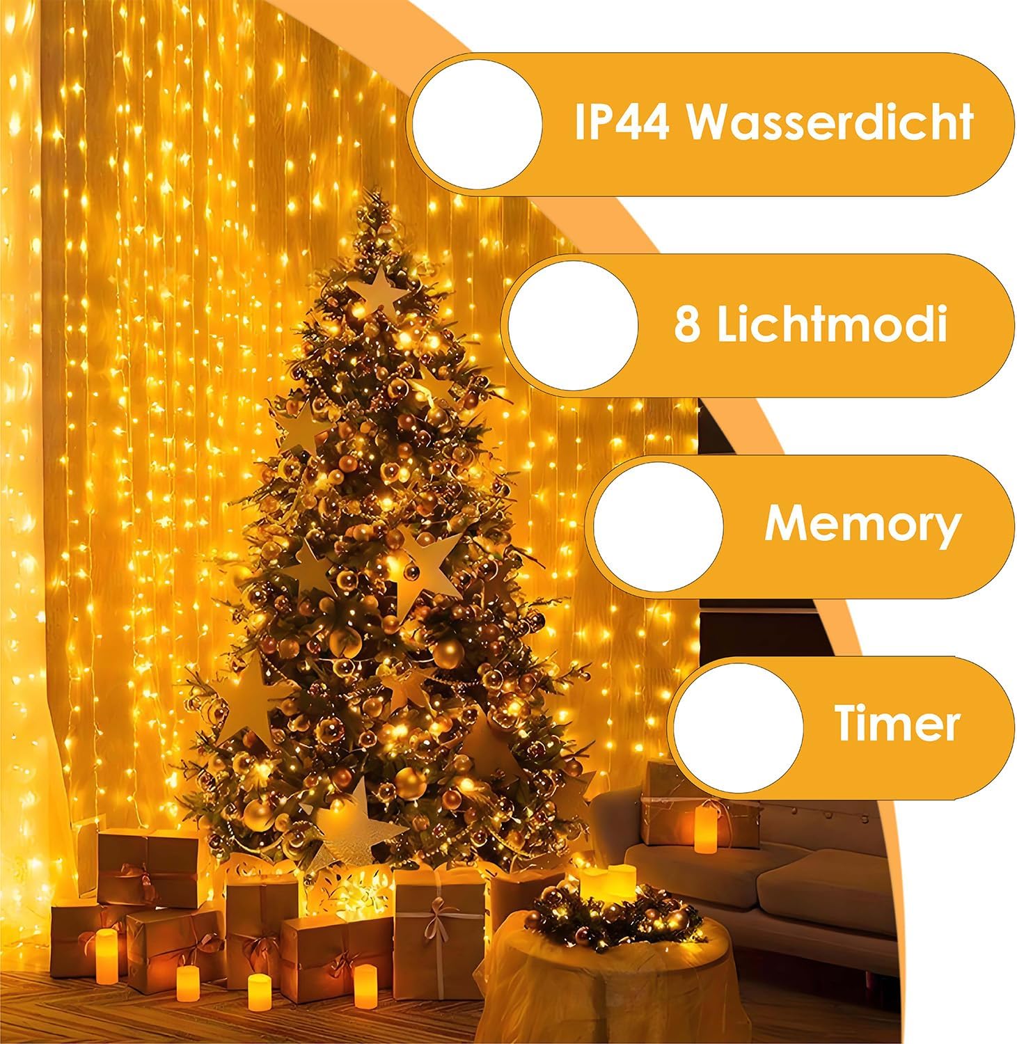 Thumbnail 2 de YJY LIGHT Lichterkette Außen 25 m mit 200 LEDs, warmweiß, IP44, 8 Modi & Timer
