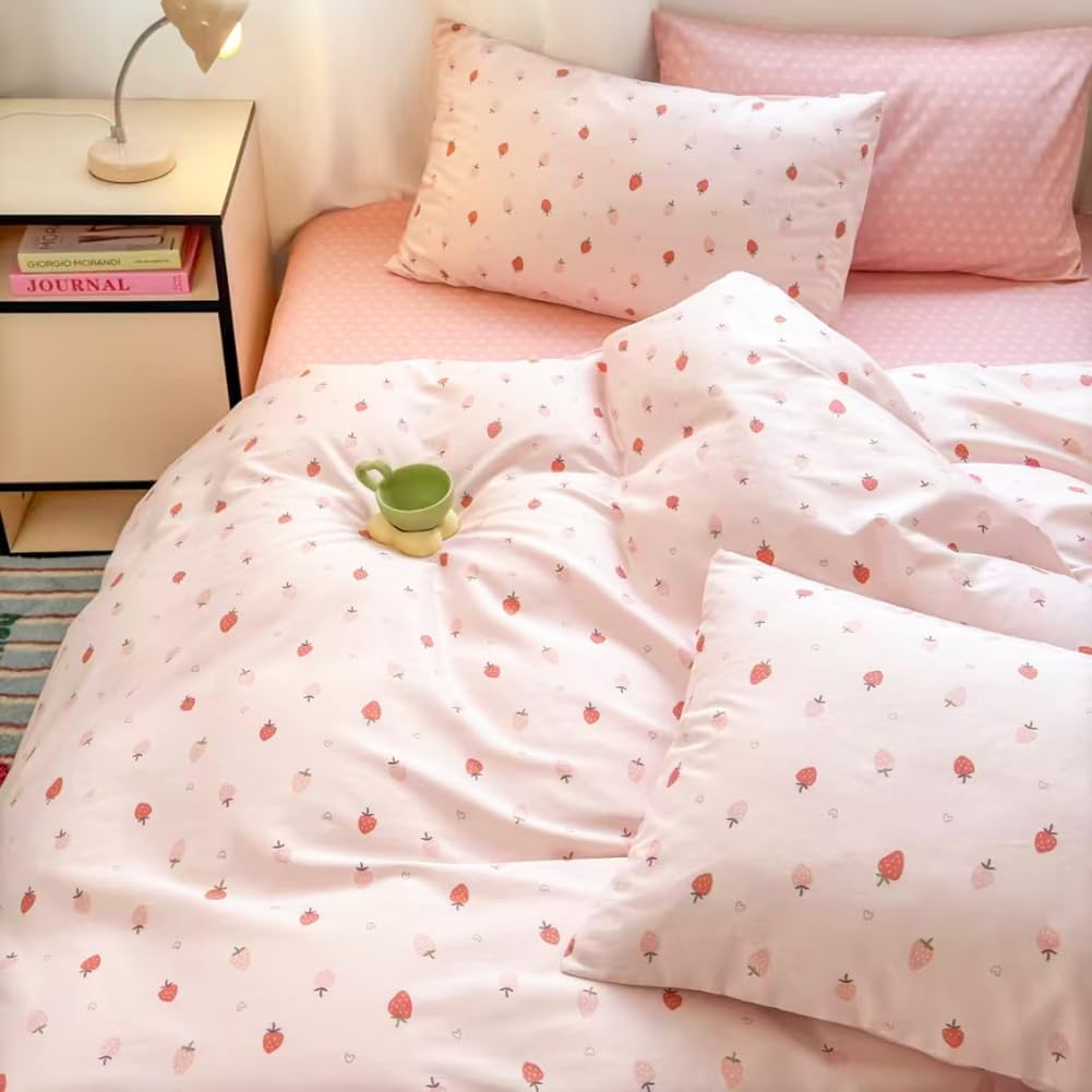 Detalle 2 de AShanlan Bettwäsche Baumwolle 135x200 Rosa Erdbeeren – Kawaii Set mit Reißverschluss und ÖkoTex Zertifizierung