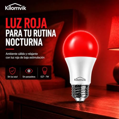 Thumbnail 2 de KILOMVIK Bombilla Luz Roja Nocturna Melatonina 7W, E27 (Pack 2) – 0% Luz Azul