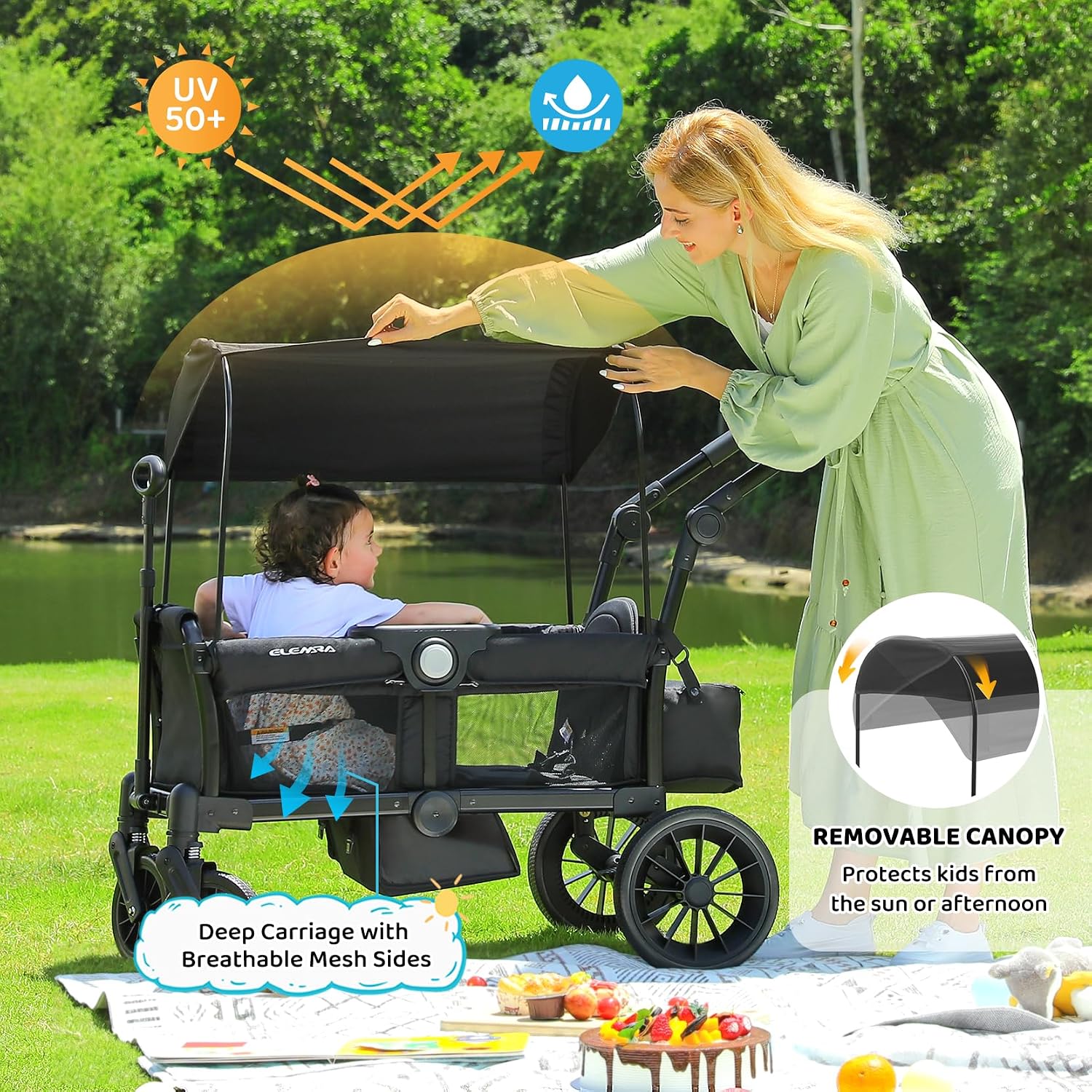 Thumbnail 3 de ELEMARA Foldable Wagon Stroller for 2 Kids (Push/Pull, Removable Canopy) — Black