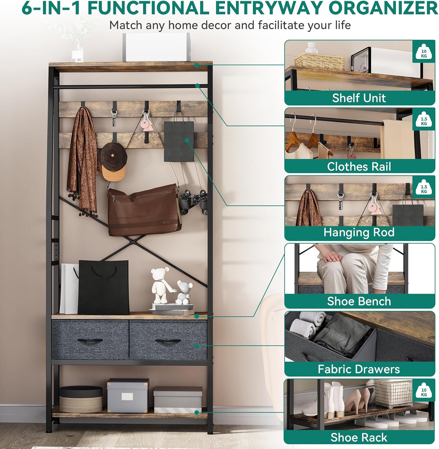 Thumbnail 2 de YITAHOME Coat Rack Stand with Shoe Storage – Industrial Floorstanding Hall Tree with Bench, 8 Hooks, 2 Drawers and Bottom Shoe Rack