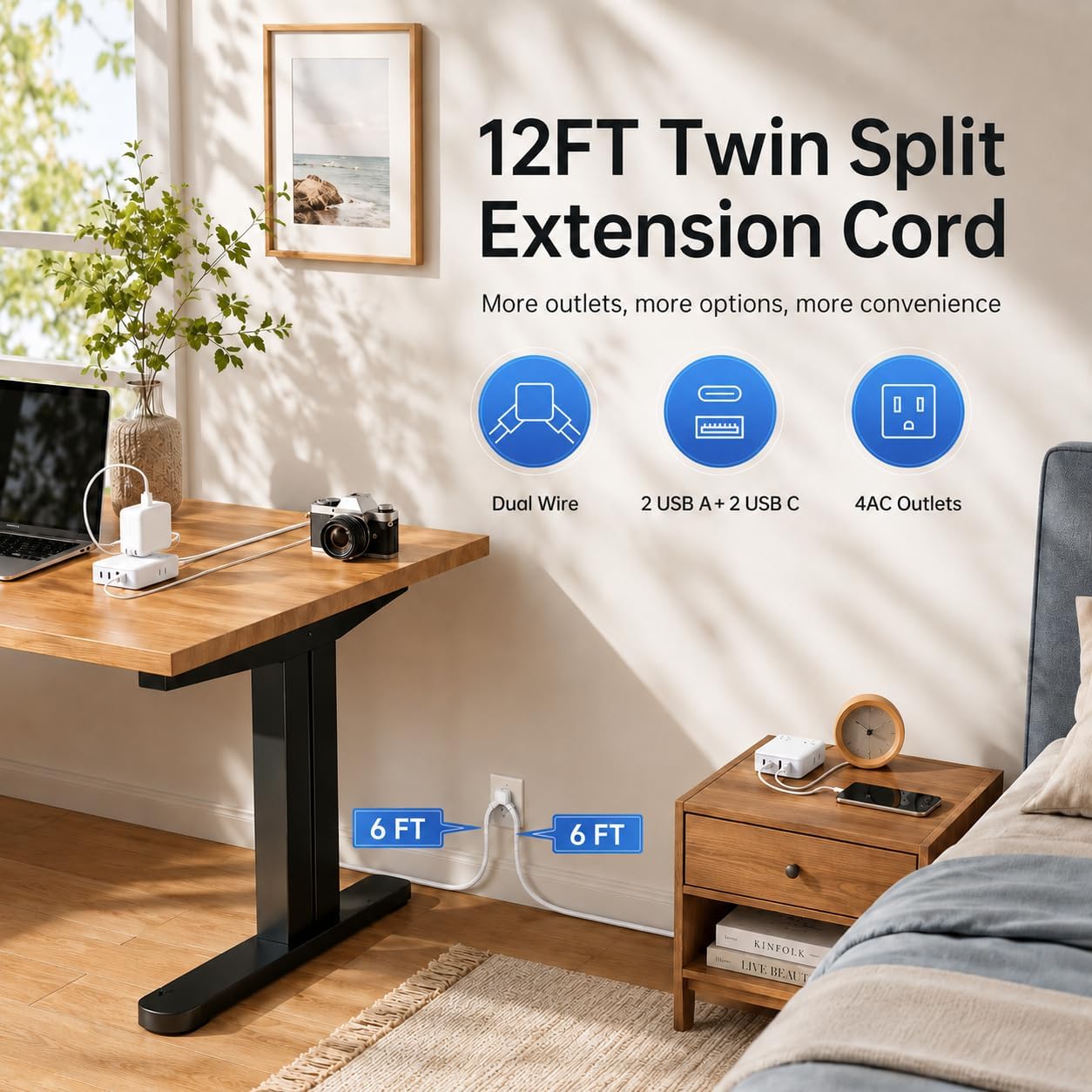 Detalle de VPSUN 12FT Split Extension Cord with Flat Plug, 8 AC Outlets and USB Ports