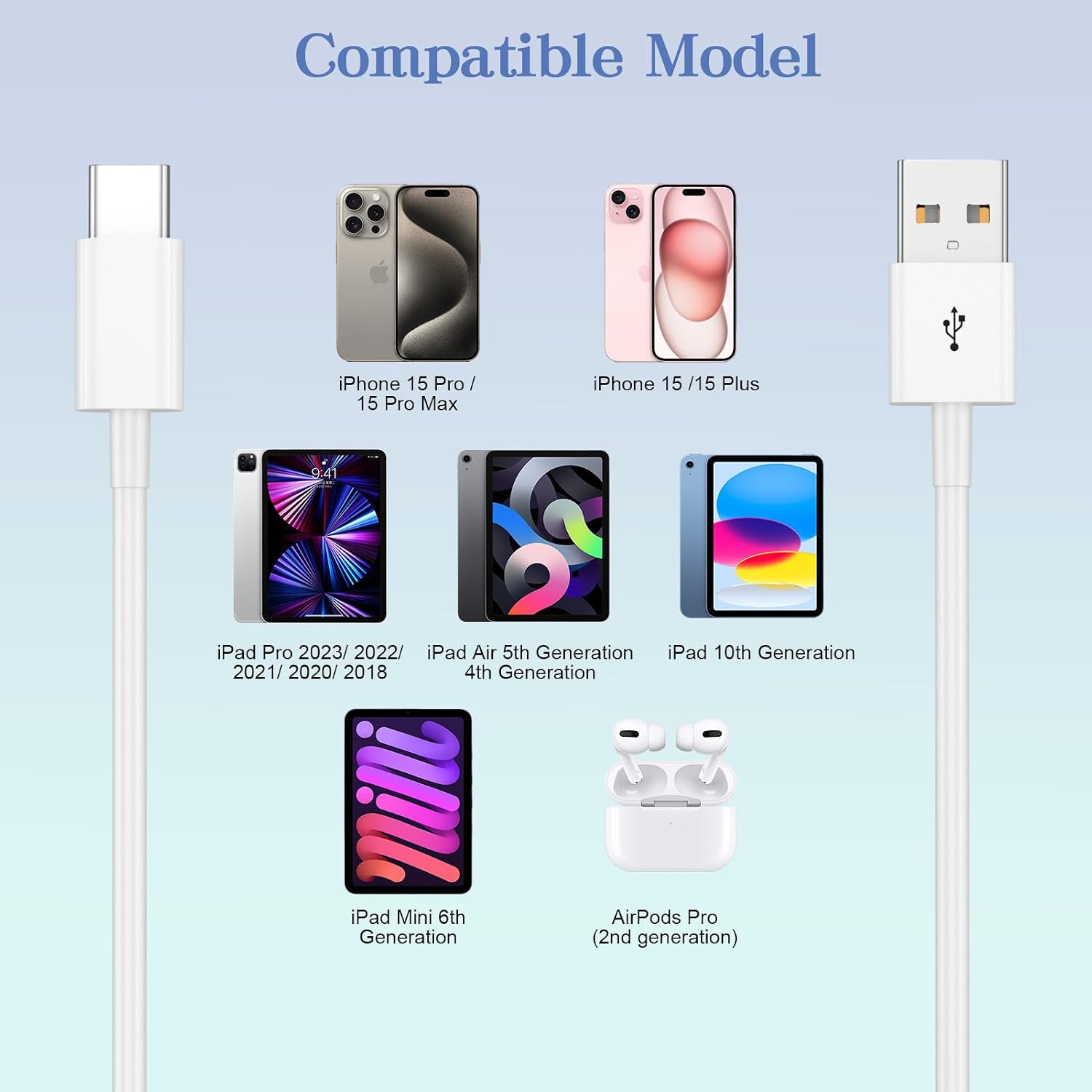 Thumbnail 4 de Car Carplay Cable for iPhone 17/16/15/Plus/Pro/Pro Max — USB A to USB C CarPlay Cable (White, 6FT)