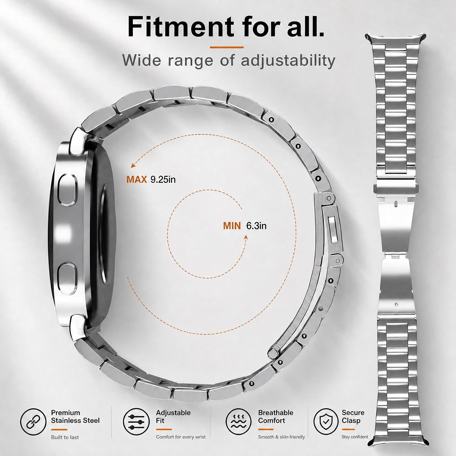 Detalle de SPGUARD Metal Band for Samsung Galaxy Watch 9/8, Stainless Steel, No-Gap Design