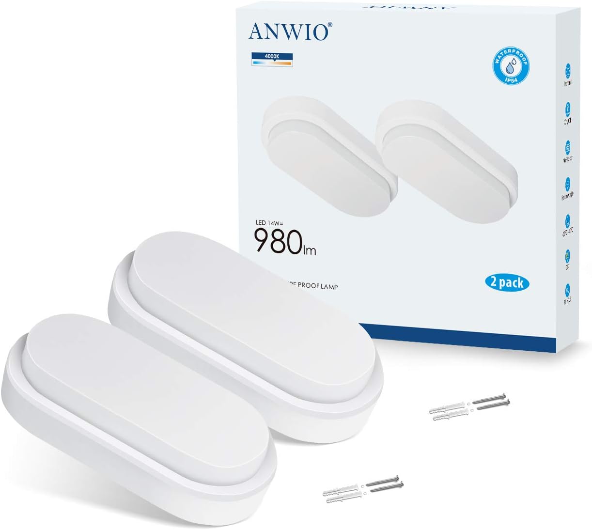 Thumbnail 6 de ANWIO Lampada da parete bianco 14W 980 lm 4000K IP54 (2 unità) per esterno e interno