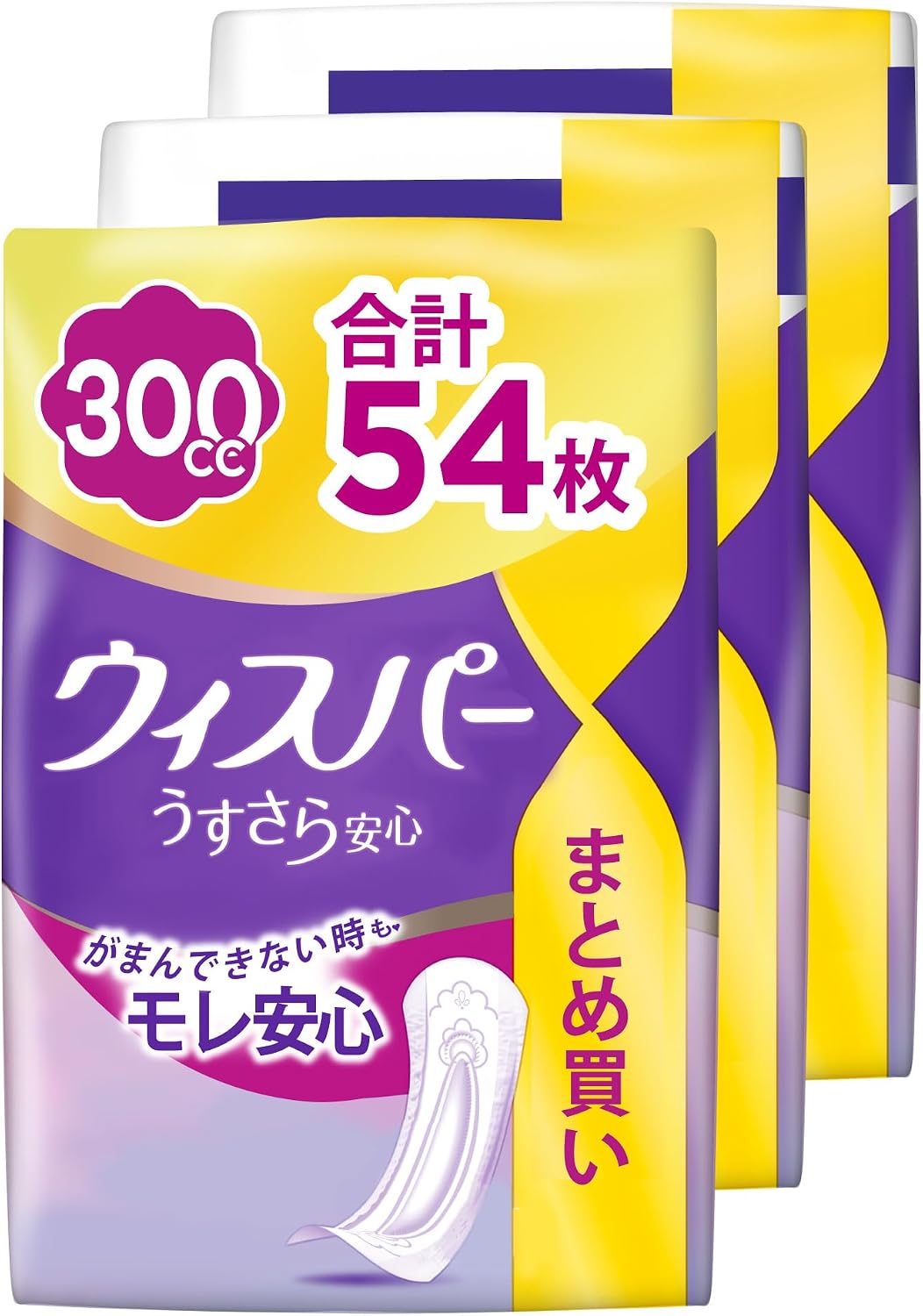Detalle de ウィスパー うすさら安心 尿漏れパッド 300cc・54枚入り、横モレ防止ギャザー