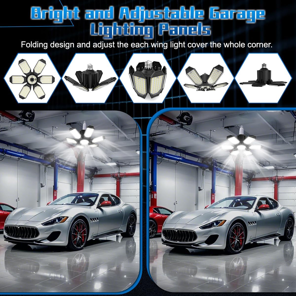 Detalle de POLARPRA Garage Light Bulbs, 6 Adjustable LED Panels, 6500K, 4-Pack