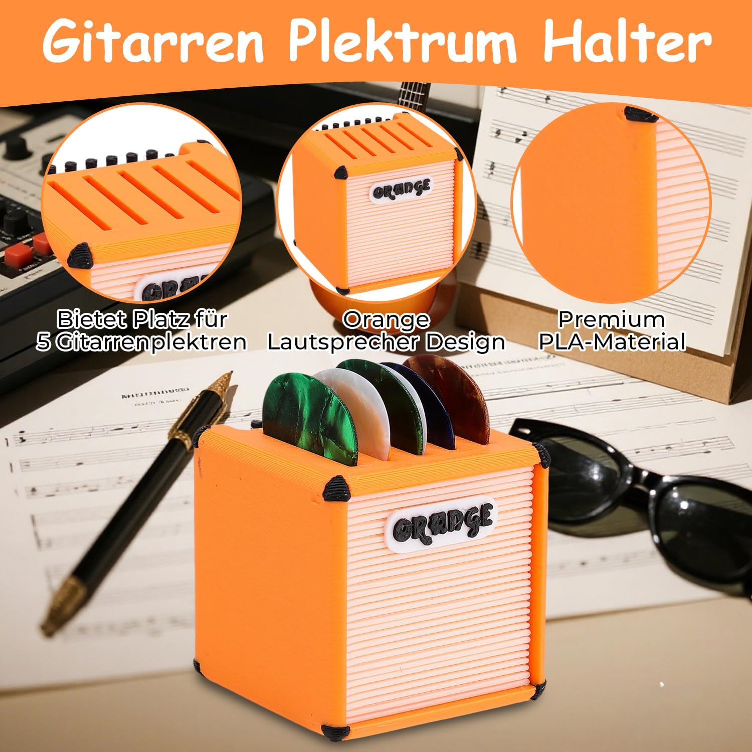 Detalle de LUMIREX Gitarren Plektrum Halter – Plektrum Box mit Orange Lautsprecher Design