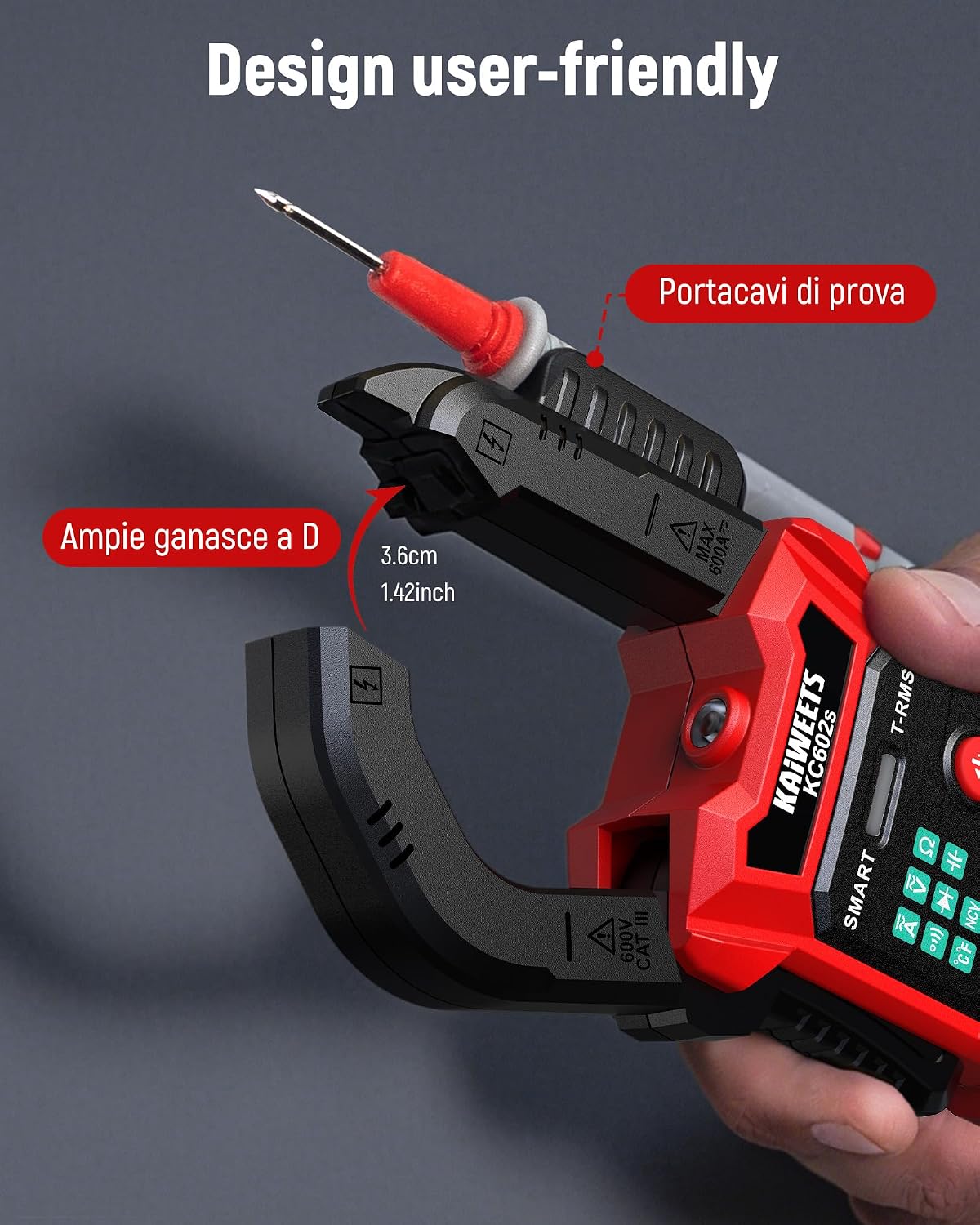 Detalle de KAIWEETS KC602S Pinza Amperometrica Digitale 600A TRMS: Misura Automatica e Multifunzionale