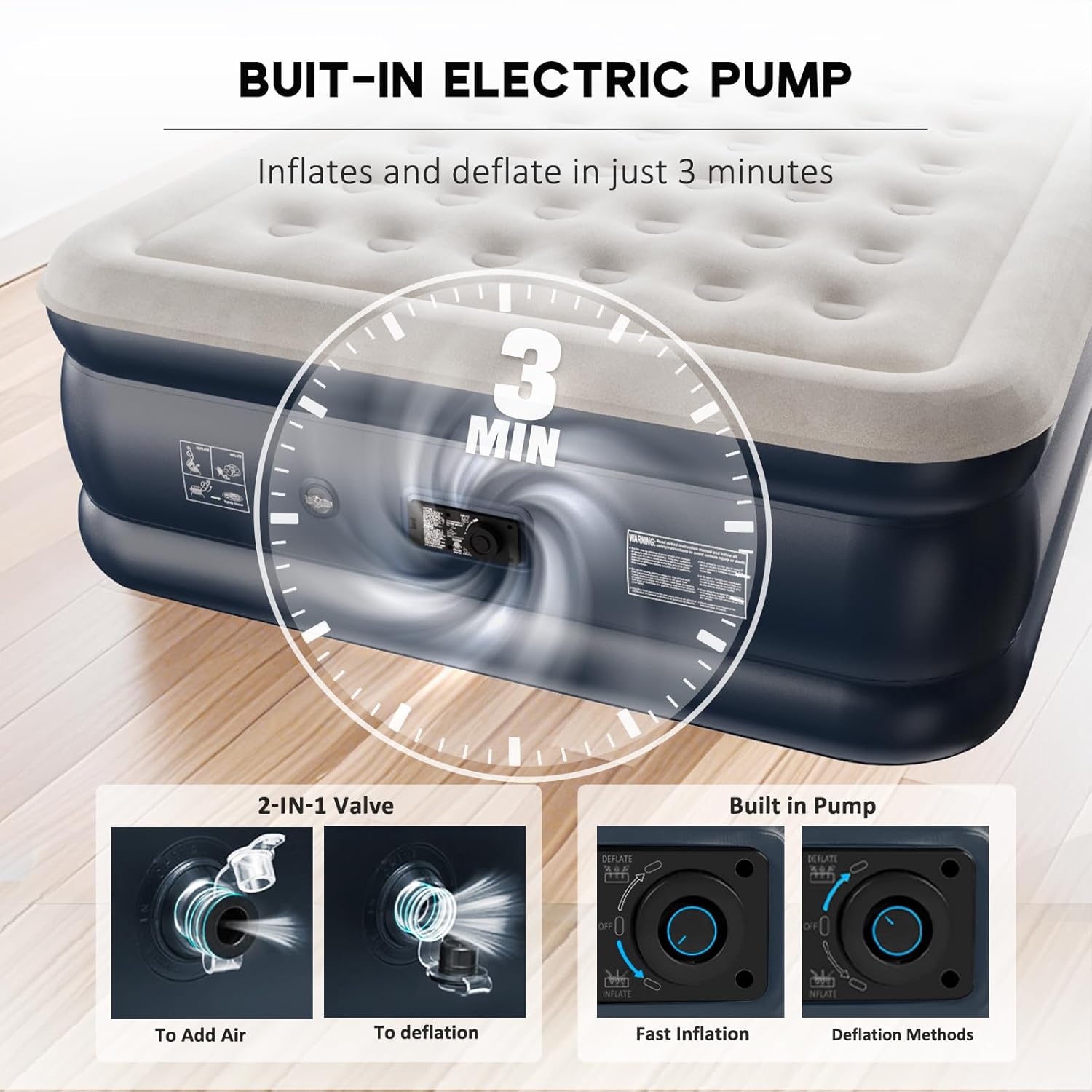 Thumbnail 3 de Nalone King Air Bed Inflatable Mattress with Built‑in Pump 203x152x46cm Queen/Double