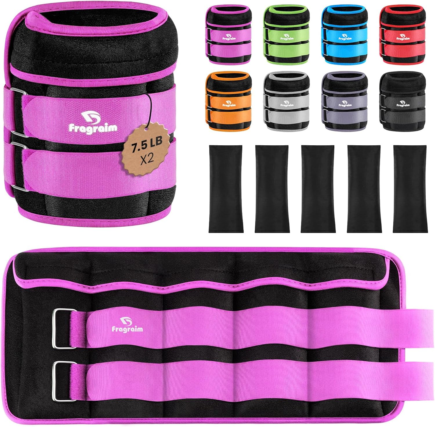 Detalle de Fragraim 15-lb Adjustable Ankle Weights, Removable Inserts, Purple Pair