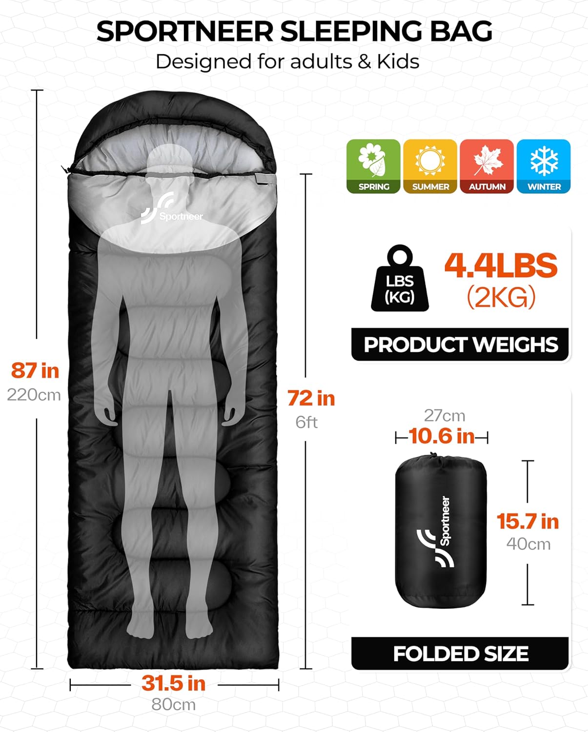 Detalle 2 de Sportneer Y21-80501-16-HQUK Sleeping Bag, 32–65°F, Compression Sack