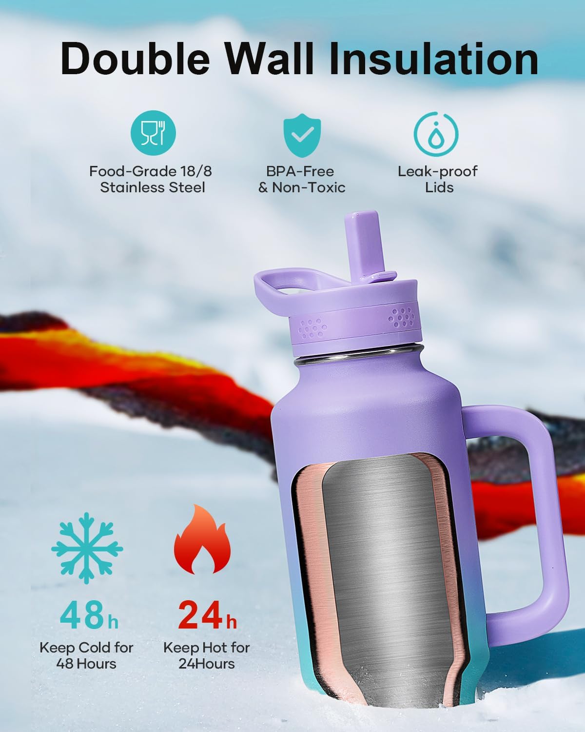 Detalle de BUZIO Isolierte Wasserflasche mit Becherhalterfreundlich, 40oz – Thermo-Becher mit Griff, spülmaschinenfest, hält 48 Std. kalt