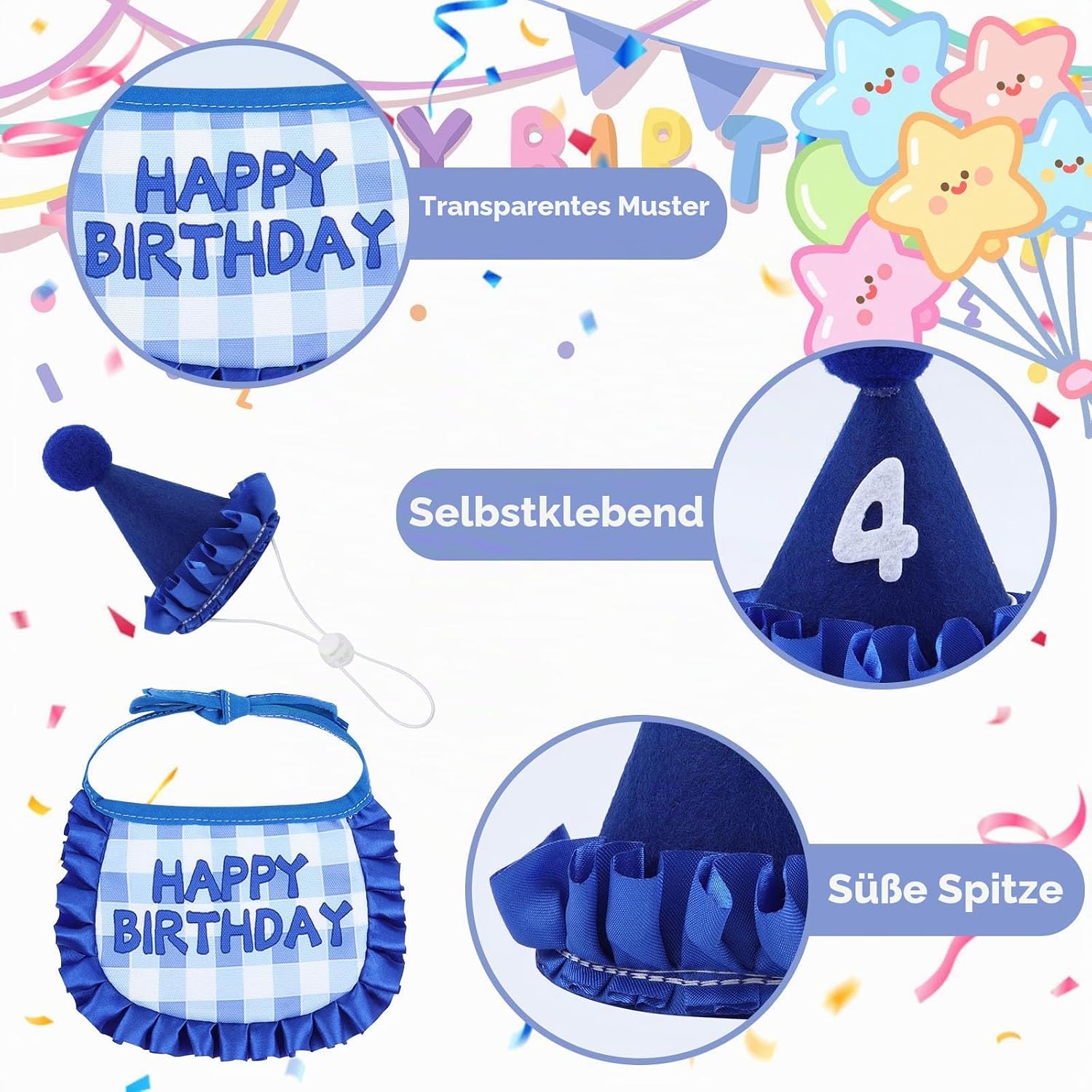 Detalle de Katzen Geburtstag Outfit Set für Haustierparty: Bandana, Hut mit Zahlen 0–9, Plüsch-Torte & hängendes Katzenspielzeug (Blau)