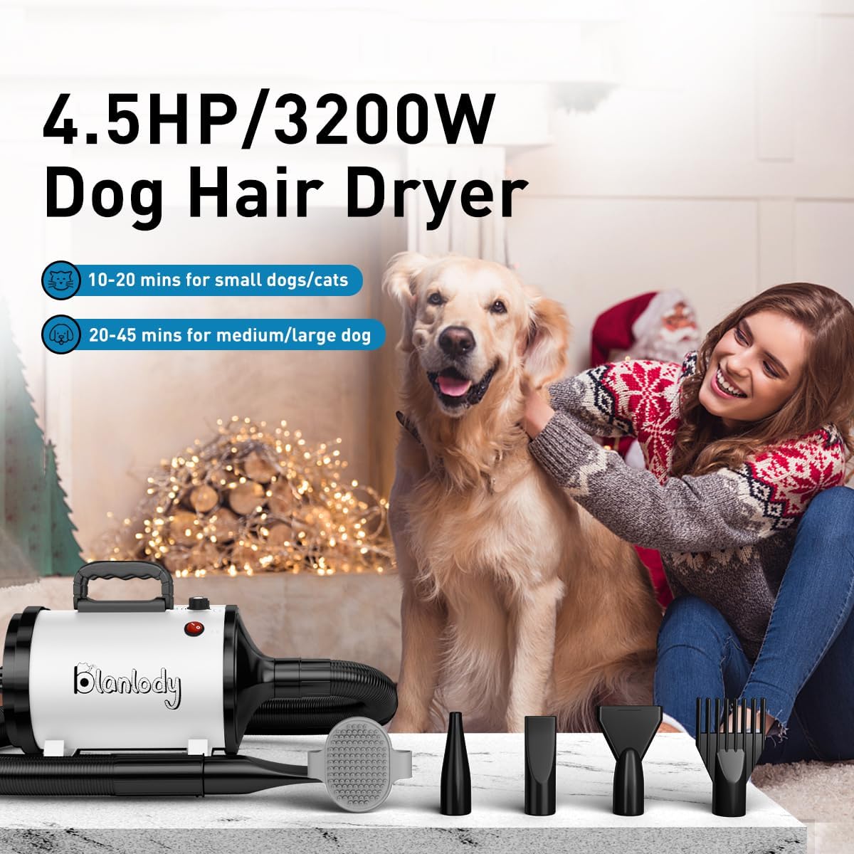 Detalle de Blanlody Hundetrockner Blower – Sehr leise, 3200 W, 4.5 PS, mit 4 Düsen & elastischem Schlauch