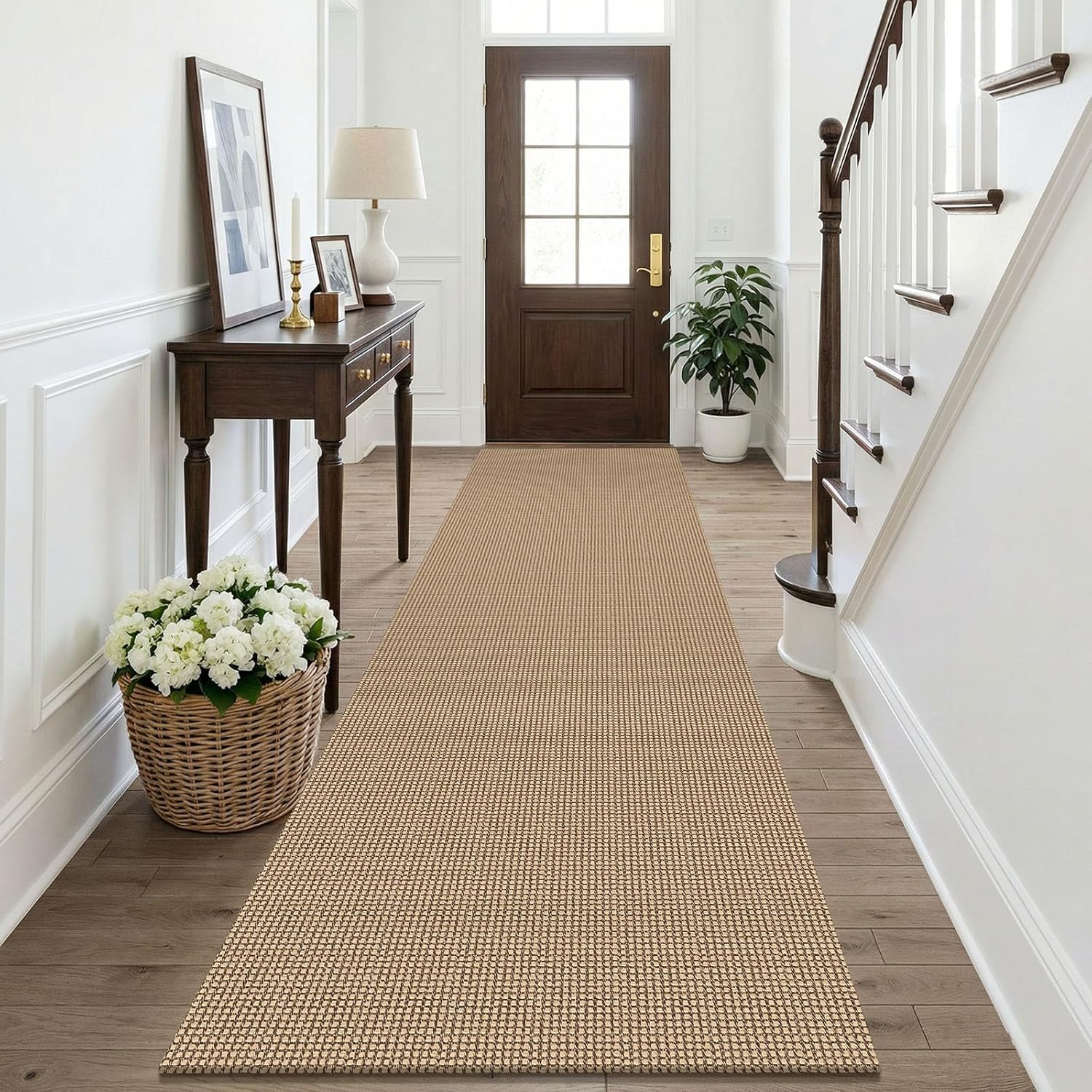 Detalle de KOZYFLY Boho Braided Runner Rug 3 x 10 ft with Non-Slip Rubber Backing (Tan/Orange/Brown)