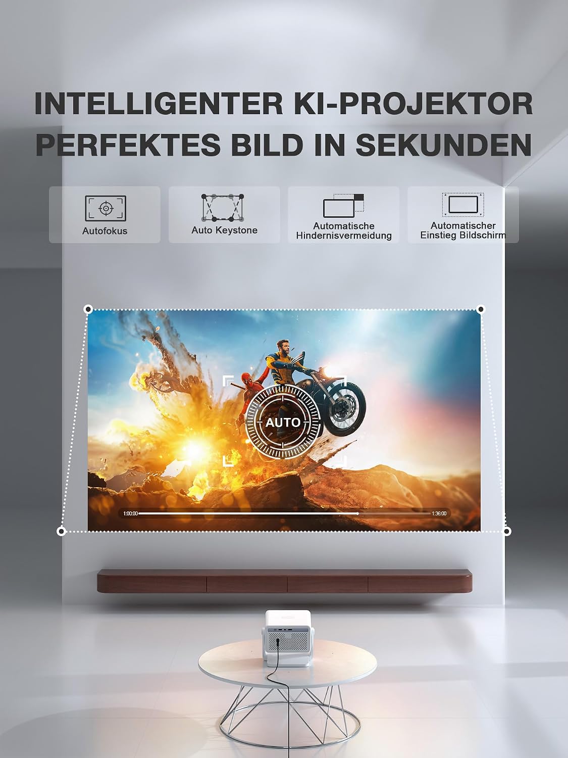 Thumbnail 6 de VISSPL Smart Mini Beamer 4K H86 – Tragbarer 4K Heimkino-Projektor mit AutoFocus, Trapezkorrektur und KI-Unterstützung