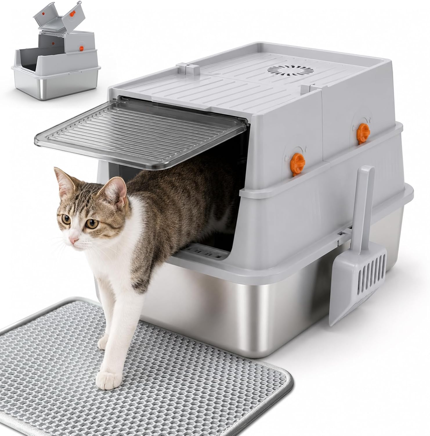 Detalle de Devopet Small Enclosed Stainless Steel Cat Litter Box with Carbon Filter and Mat