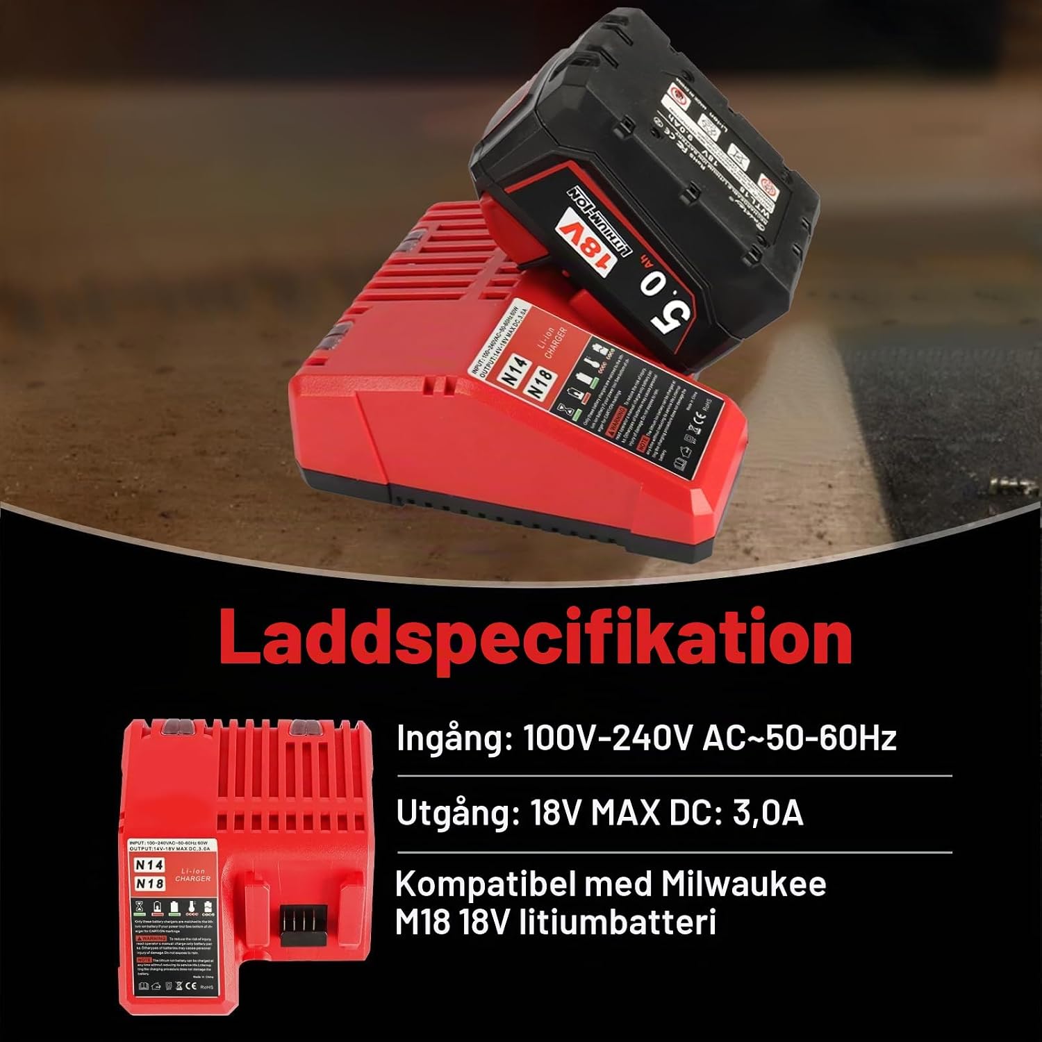Detalle de Powarobor M18B5 batteriset med laddare, 2 × 5,0 Ah och 18 V