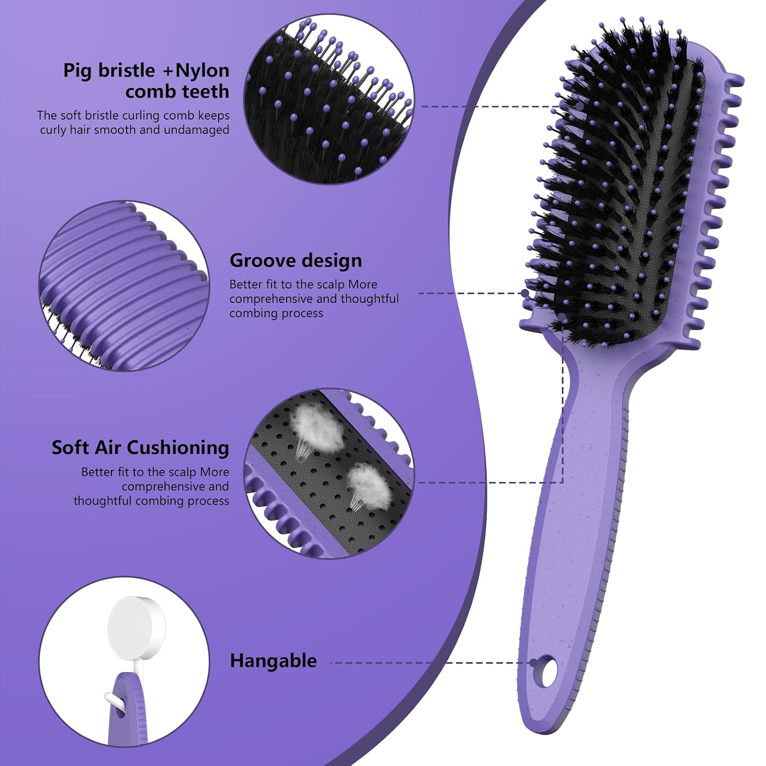 Thumbnail 2 de Purple Curly Hair Brush Set