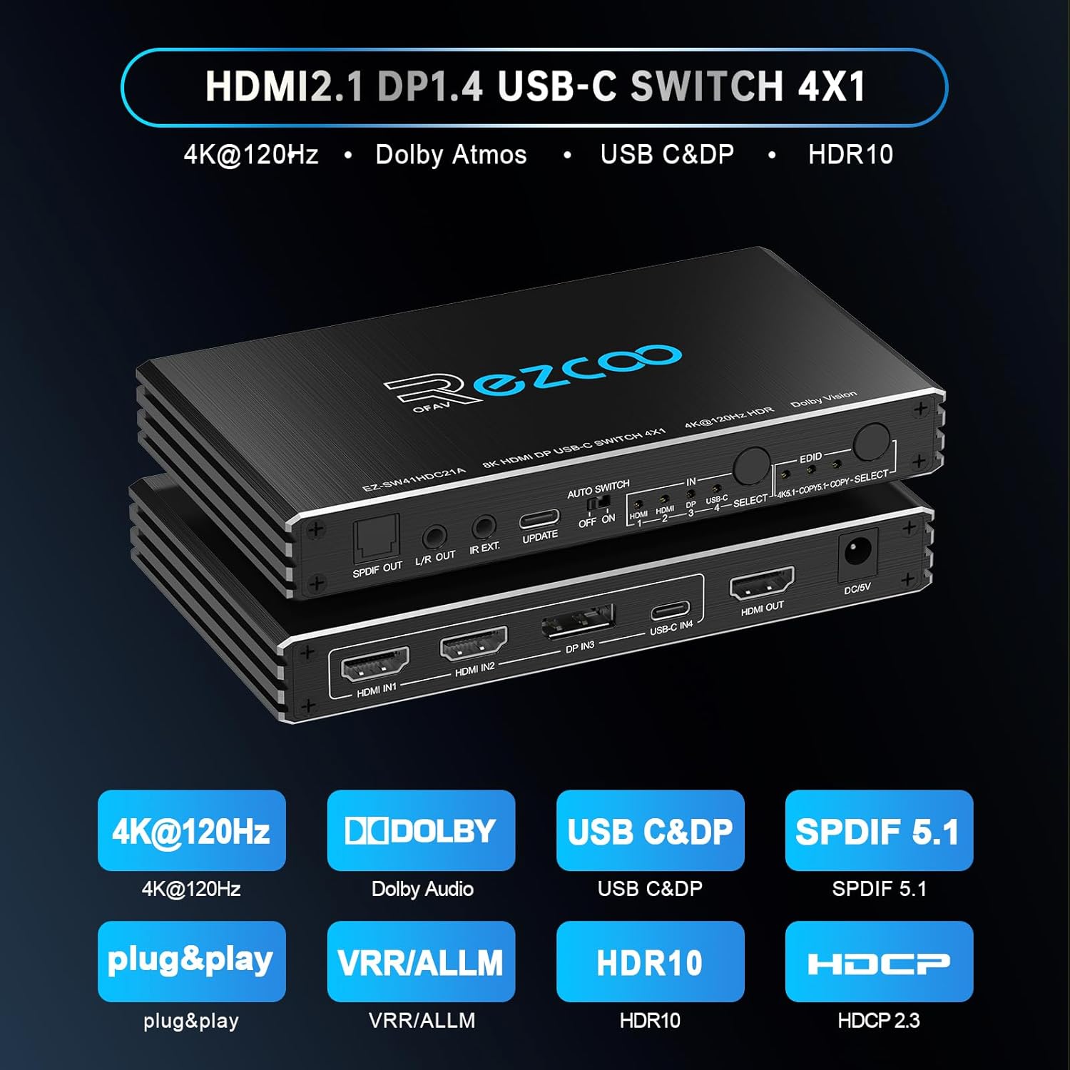 Thumbnail 2 de Commutateur HDMI 2.1 4K 120 Hz 4x1 avec USB-C DP1.4 et extracteur audio optique/3,5 mm (VRR, ALLM, HDCP 2.3) pour PS5 et Xbox