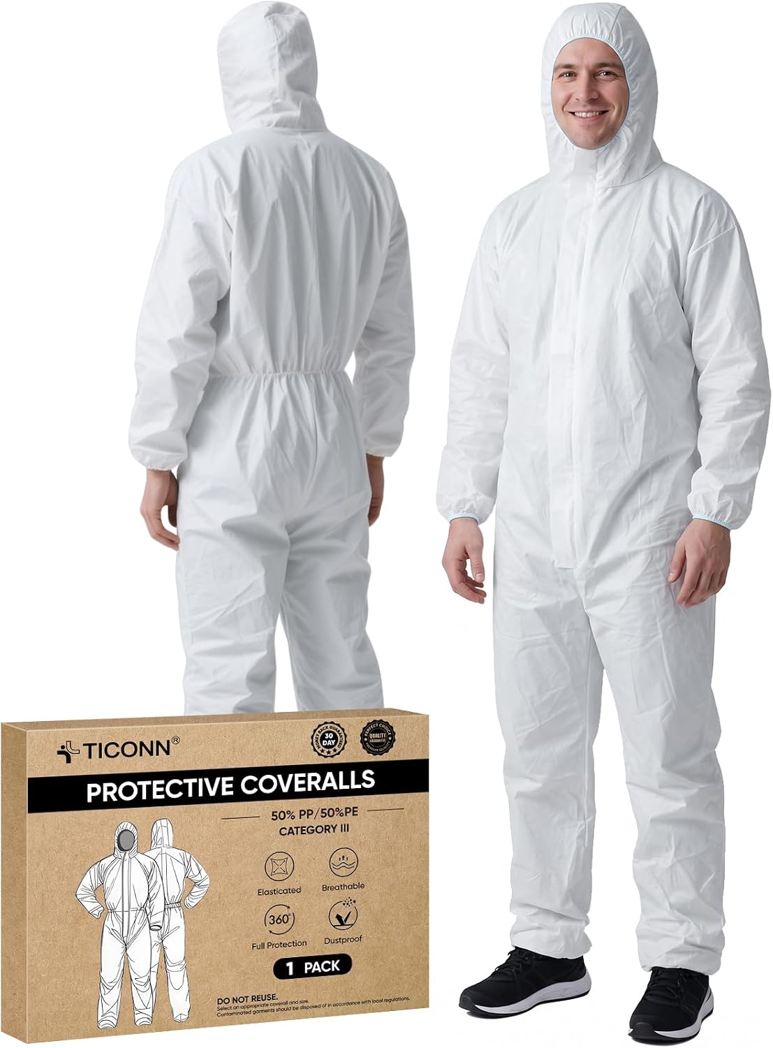 Detalle de TICONN Disposable Coveralls, PP+PE, Hooded, Water-Repellent