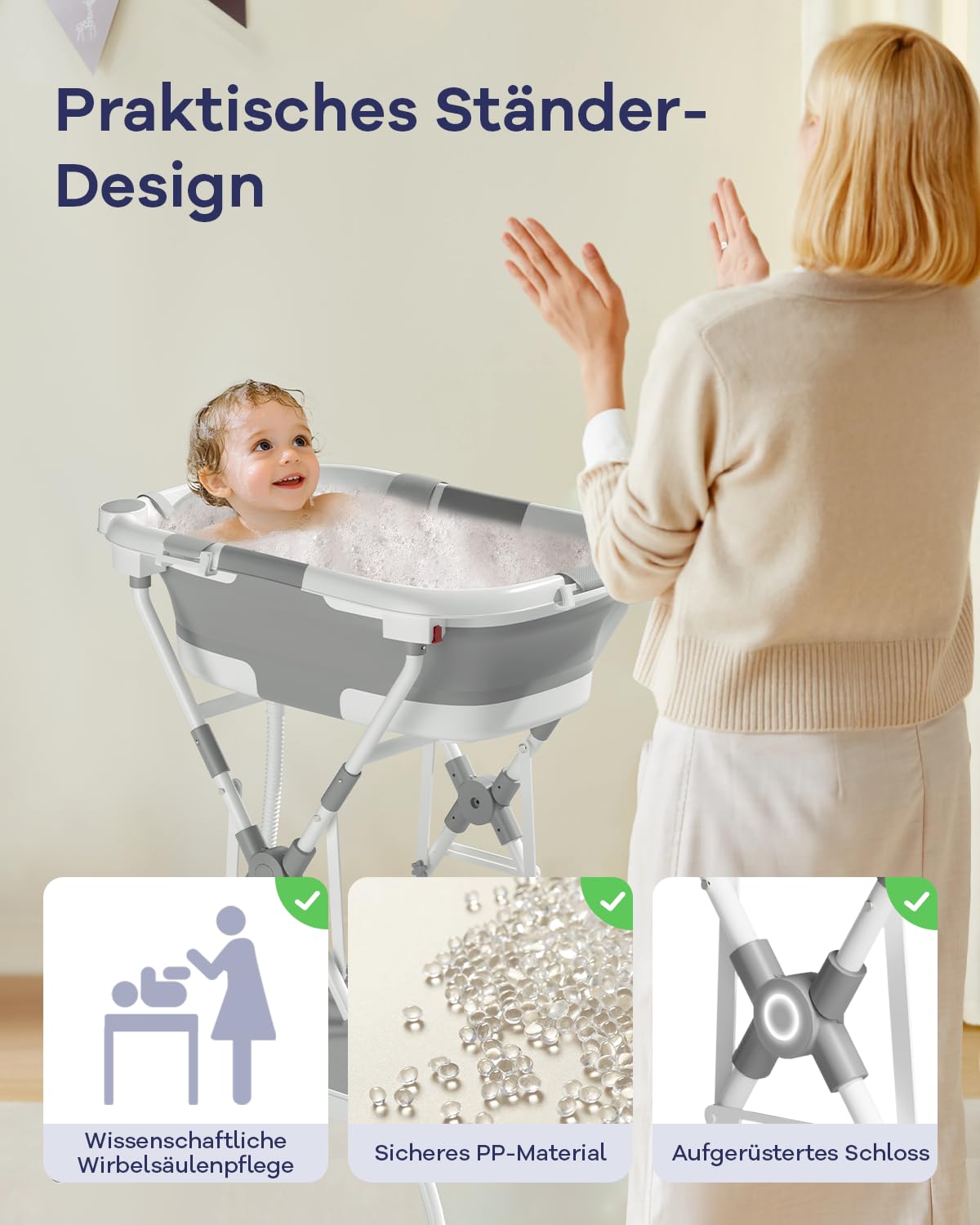 Thumbnail 2 de COOSEYA 2-in-1 Babybadewanne mit Gestell, faltbar & mit Badestütznetz – Grau