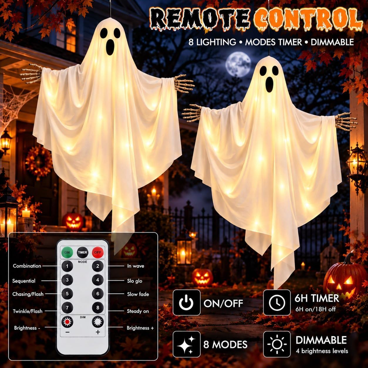 Detalle 2 de Dusk&Decorum 1212 4-Foot Lighted Hanging Ghosts, 2-Pack with Remote