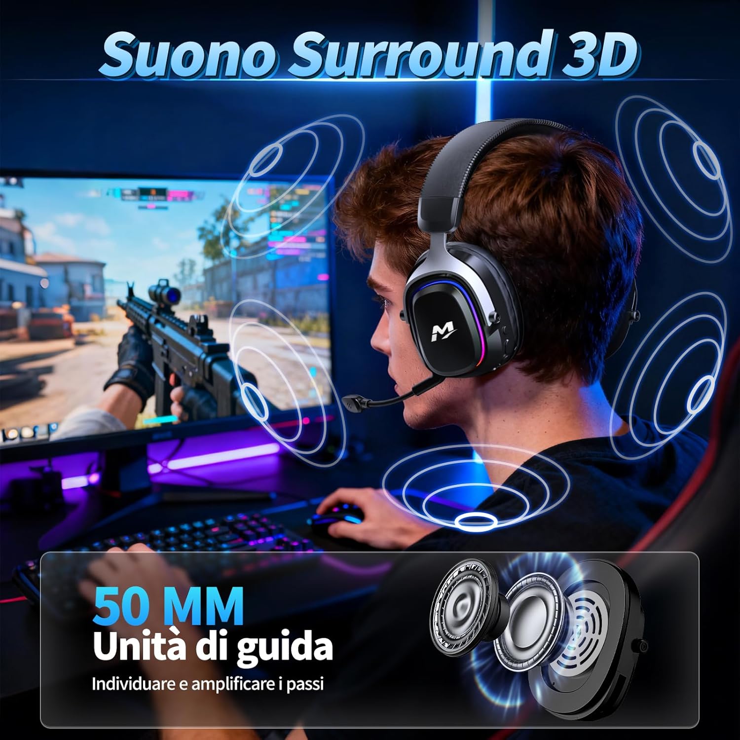 Detalle de MANKIW Cuffie Gaming Wireless per PS5/PS4/PC/Switch: audio 7.1, 50 mm e batteria 900 mAh