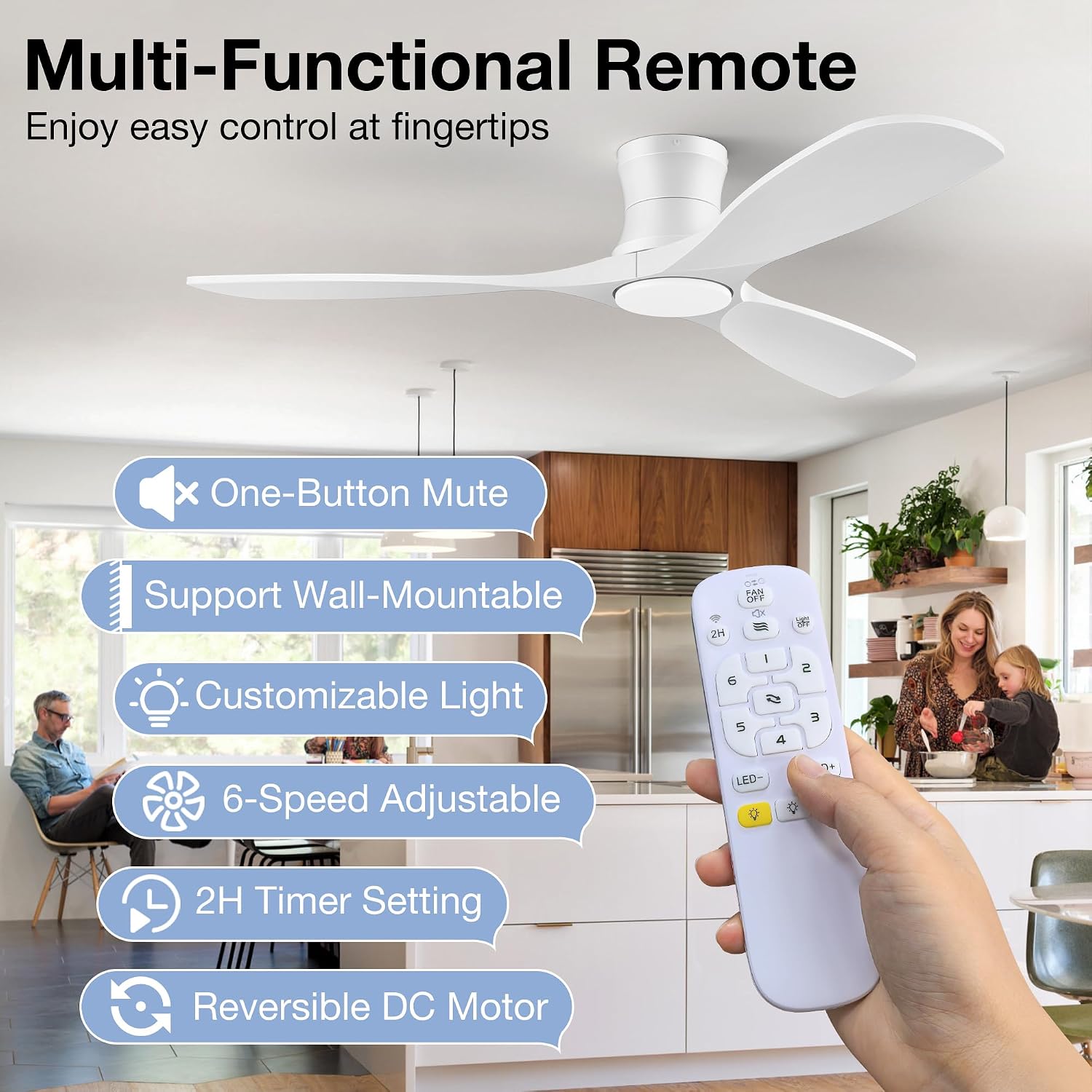 Thumbnail 1 de 52-Inch Wood Ceiling Fan with Lights Remote, Low Profile Flush Mount — Damp-Rated, 6-Speed Quiet DC with Dimmable LED